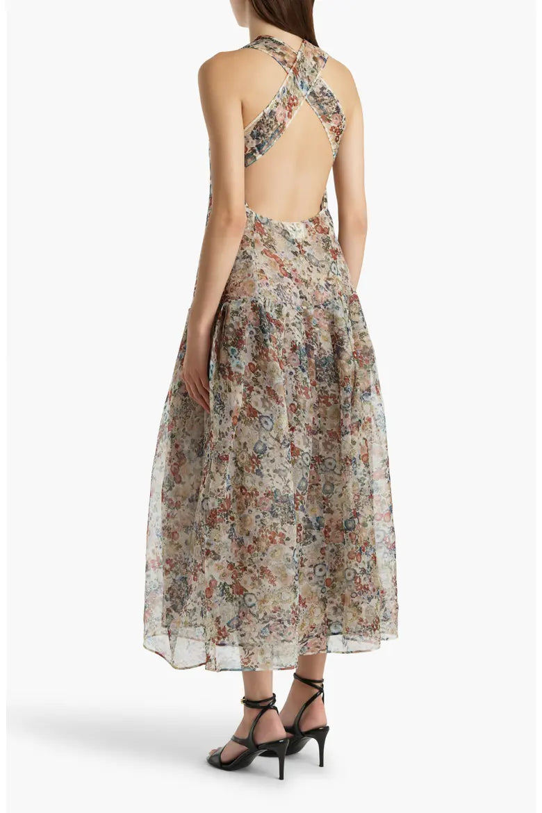 Amello Floral Drop Waist Silk Organza Pinafore Dress