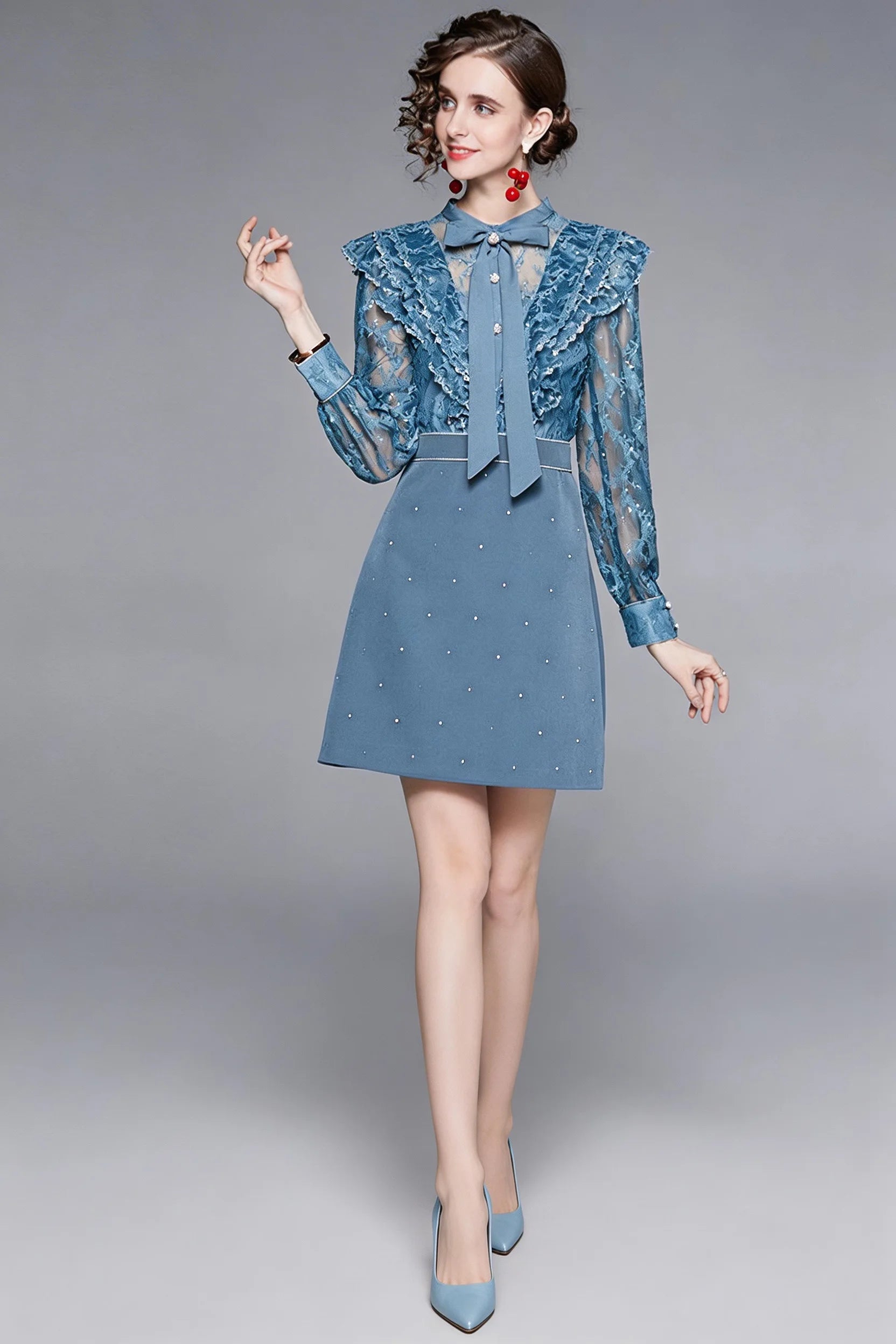 Ameli Rhinestone Bow Long Sleeve Patchwork High Waist Mini Dress