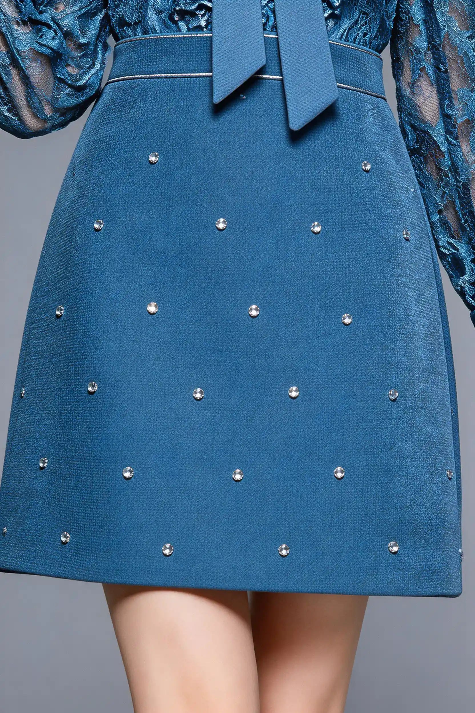 Ameli Rhinestone Bow Long Sleeve Patchwork High Waist Mini Dress