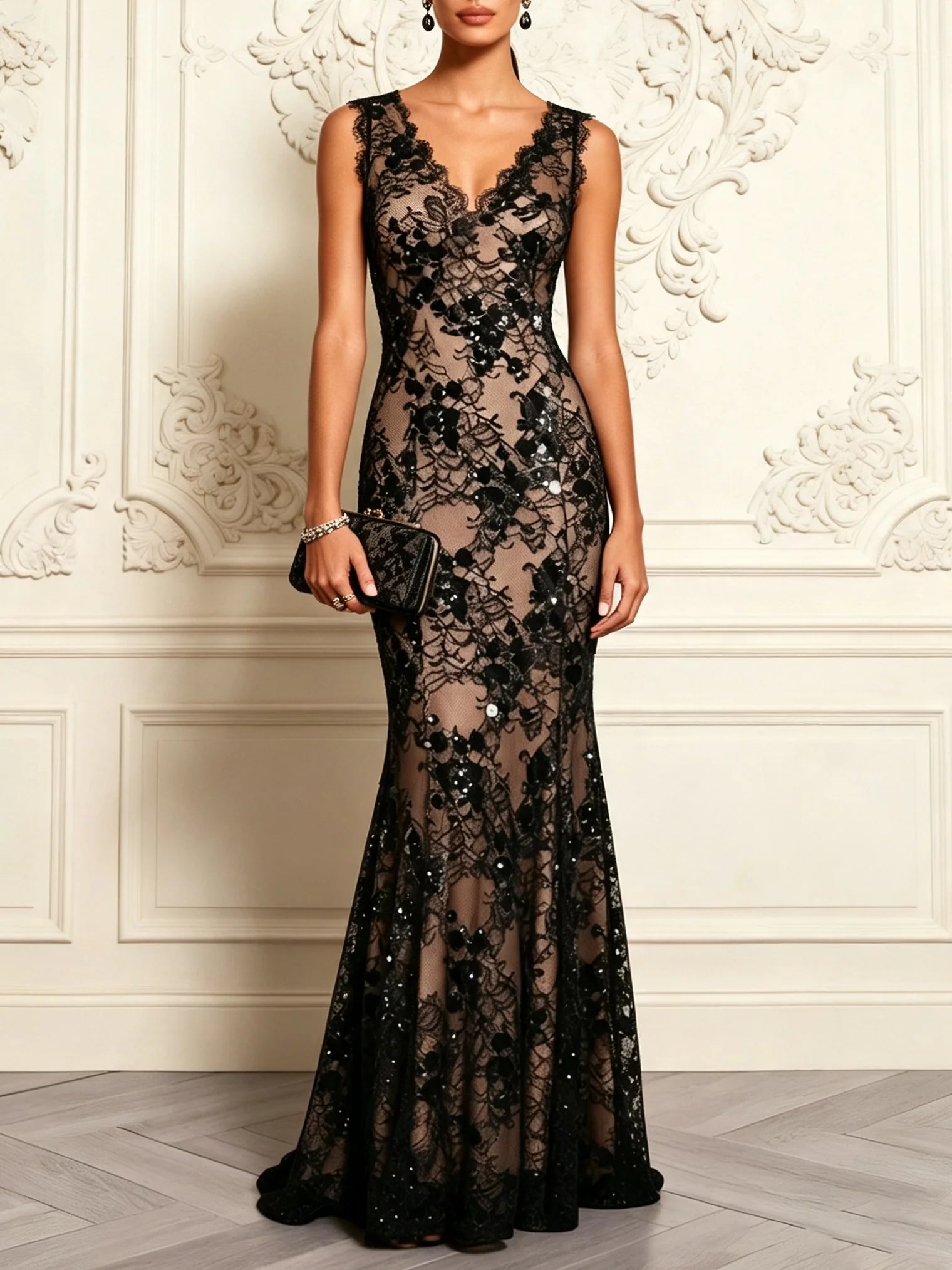 Black Sequin Glitter Lace V Neck Sleeveless Mermaid Gown Dress