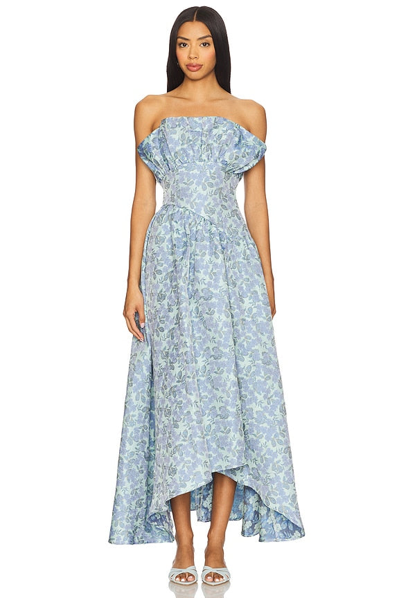 Jacquard Asymmetric Gown in Blue Floral