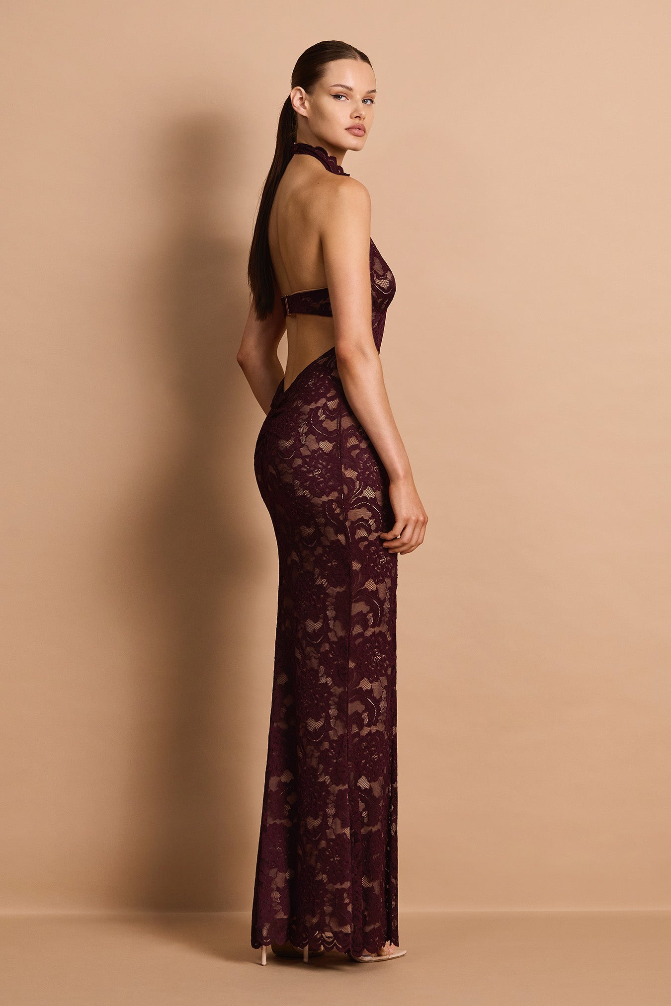 Nookie Delphine Lace Halter Gown - Wine