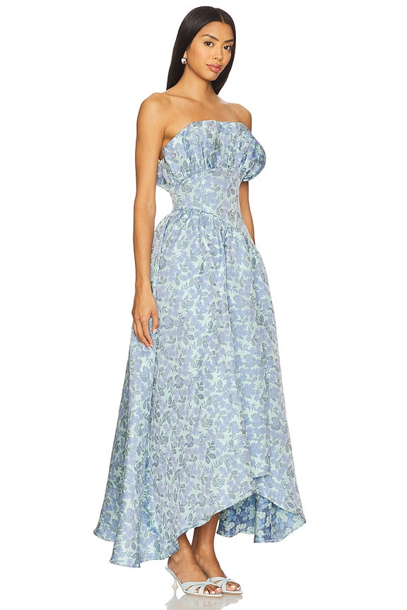 Jacquard Asymmetric Gown in Blue Floral