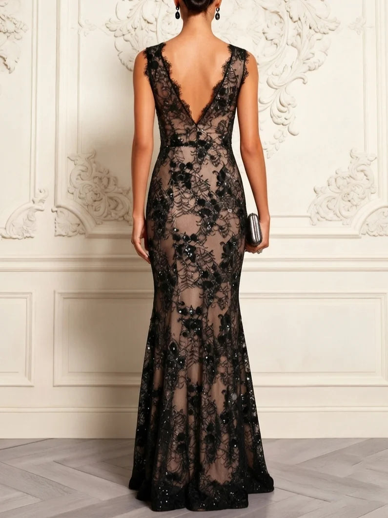 Black Sequin Glitter Lace V Neck Sleeveless Mermaid Gown Dress