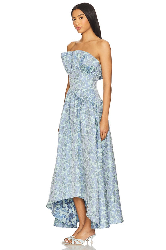 Jacquard Asymmetric Gown in Blue Floral