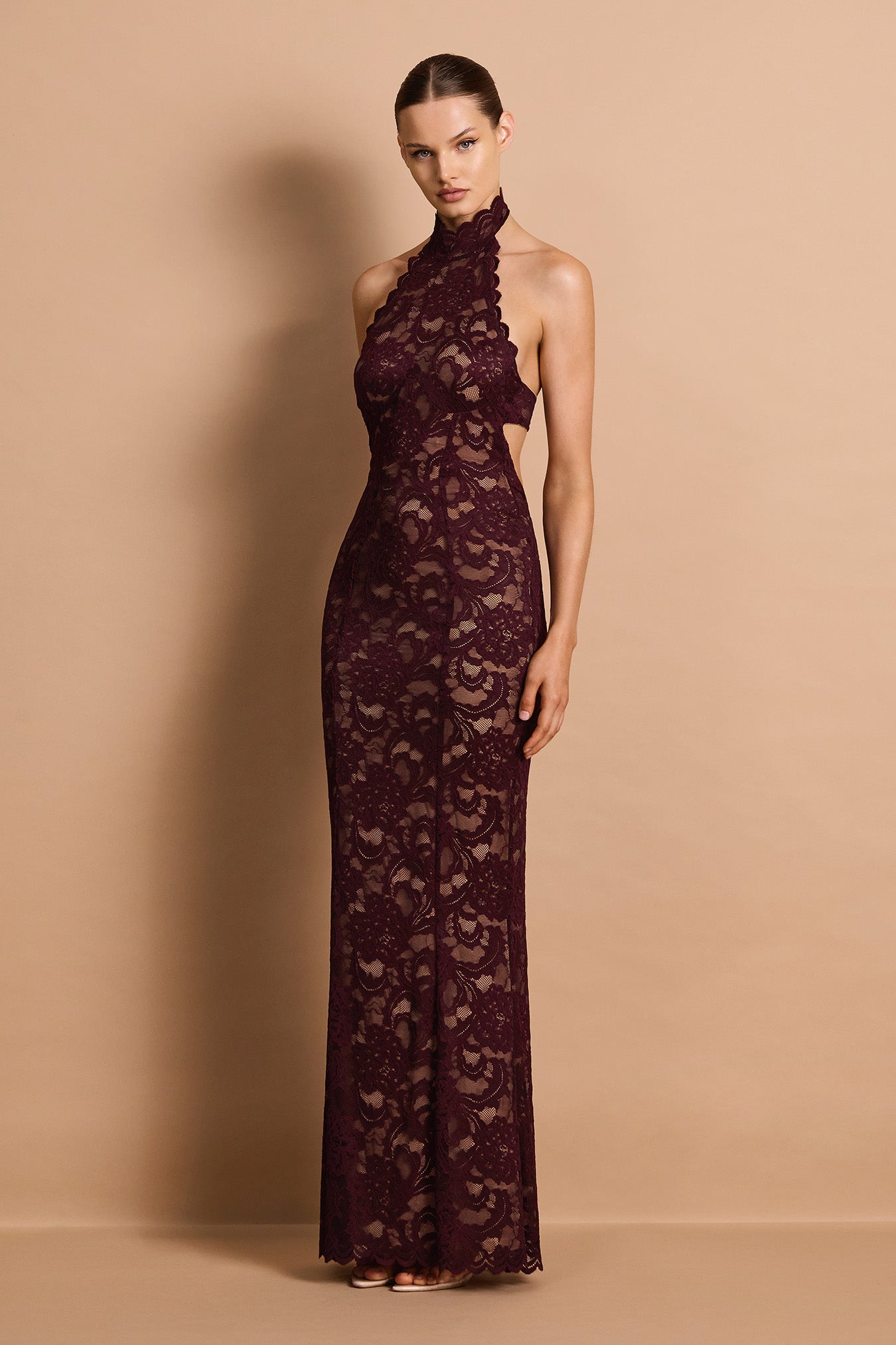 Nookie Delphine Lace Halter Gown - Wine
