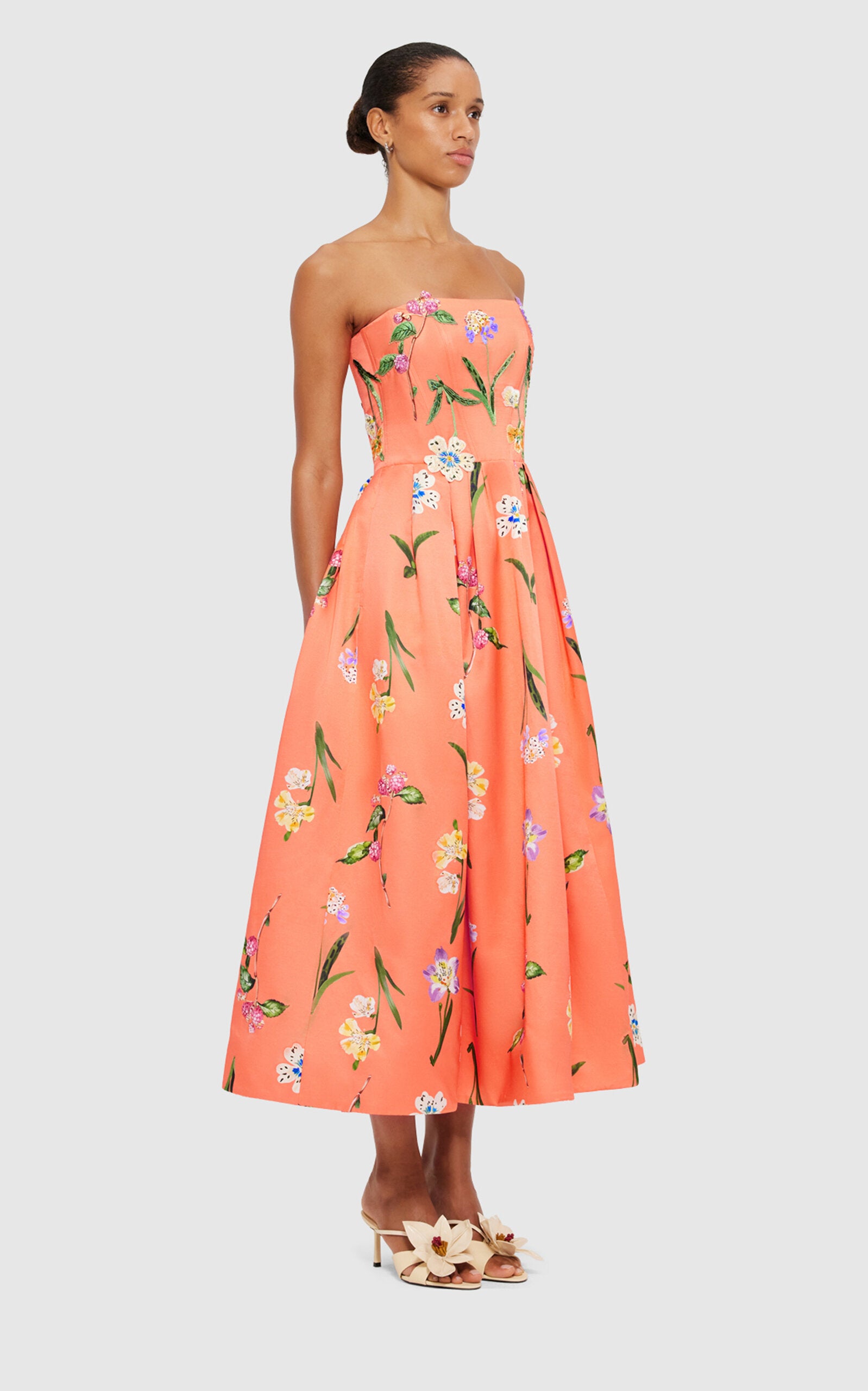 Lynn Bustier Midi Dress - Wild Flower In Coral