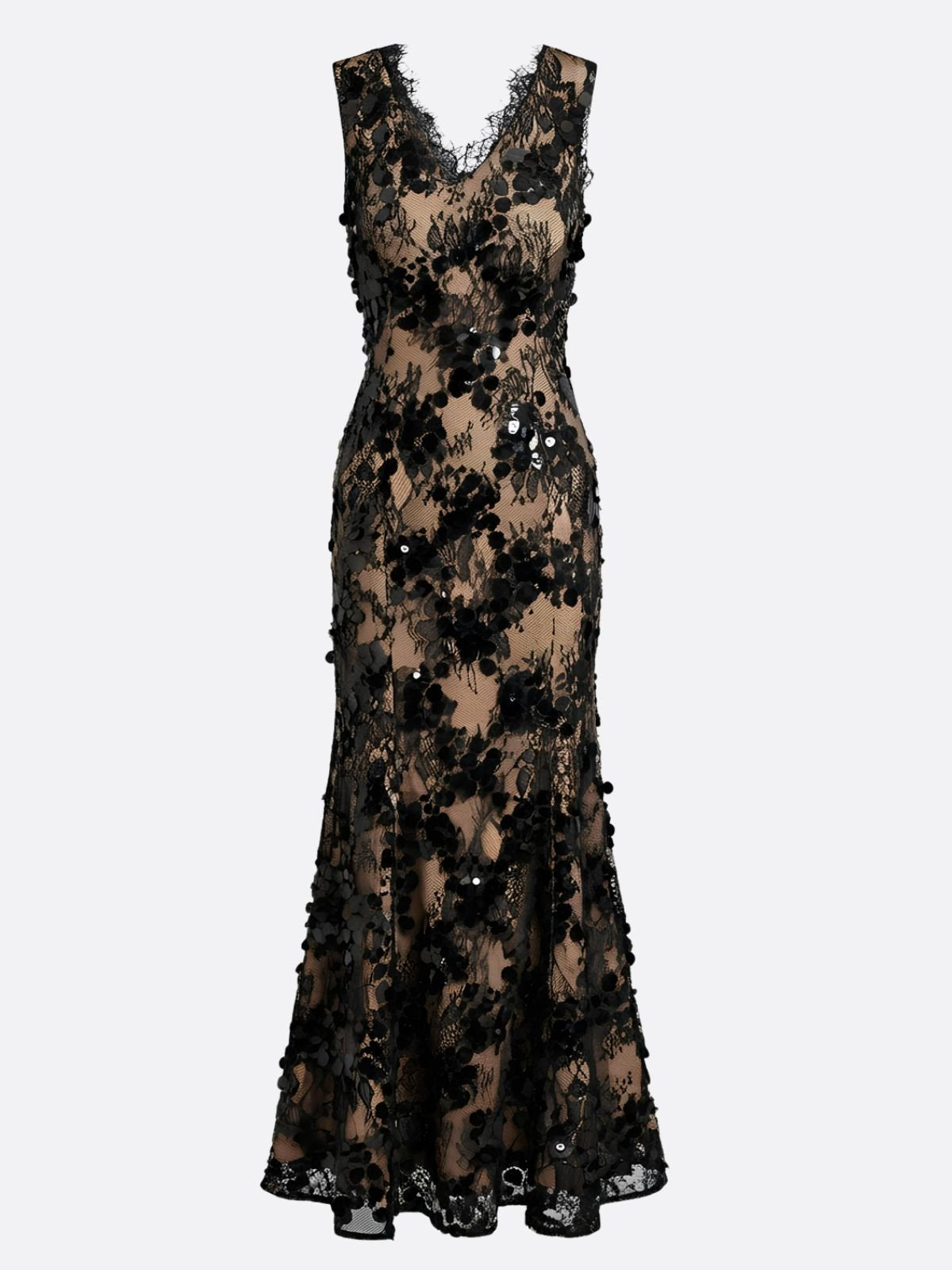 Black Sequin Glitter Lace V Neck Sleeveless Mermaid Gown Dress