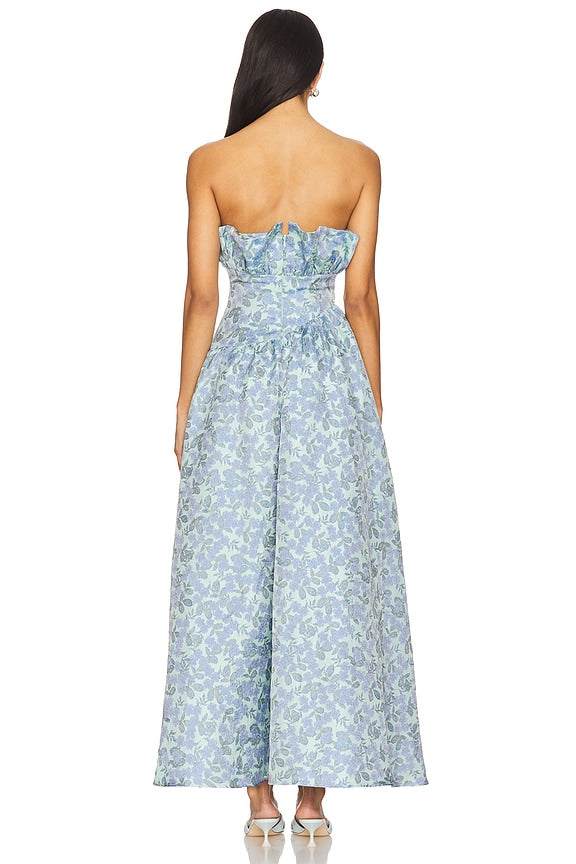 Jacquard Asymmetric Gown in Blue Floral
