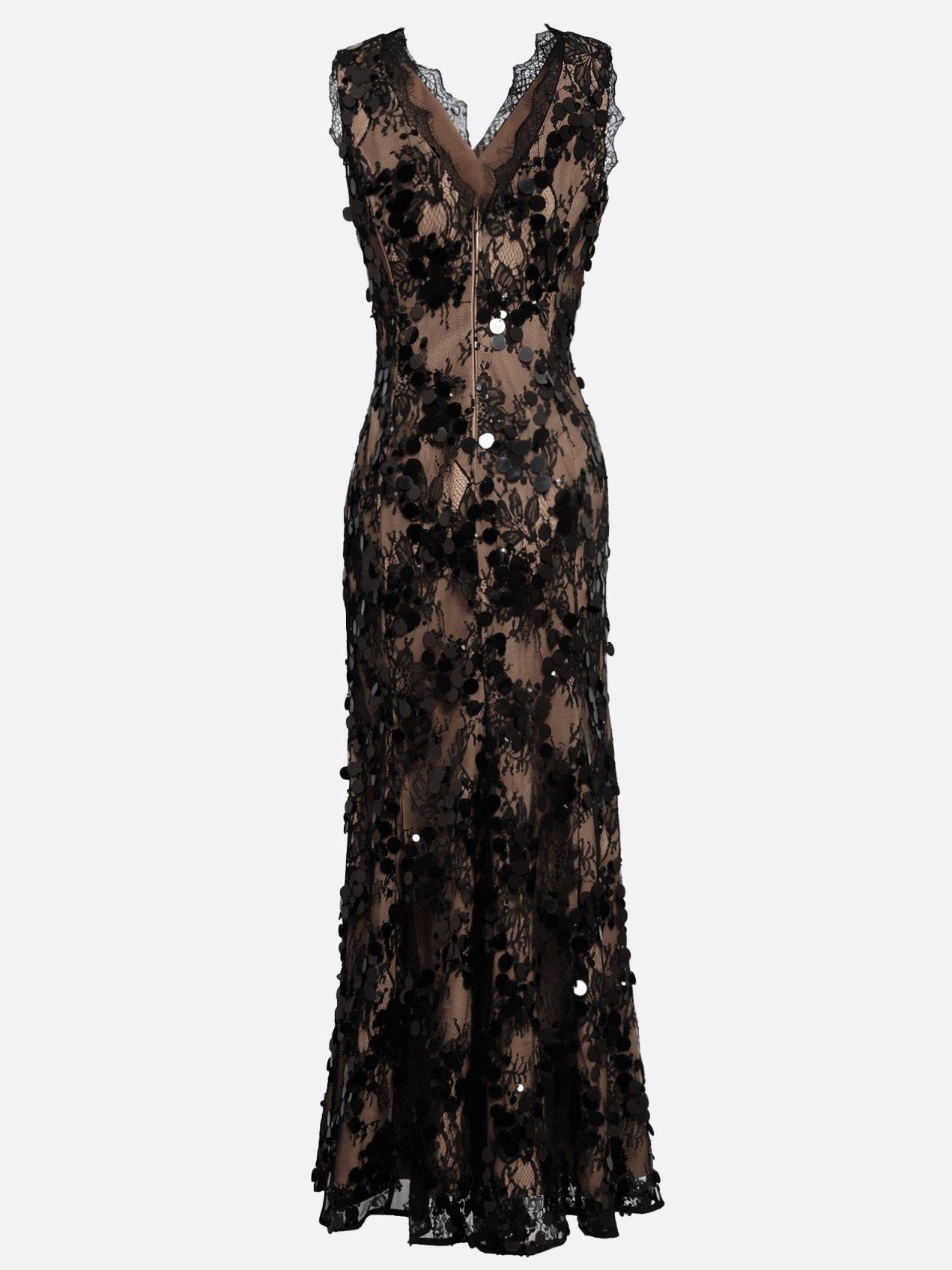 Black Sequin Glitter Lace V Neck Sleeveless Mermaid Gown Dress