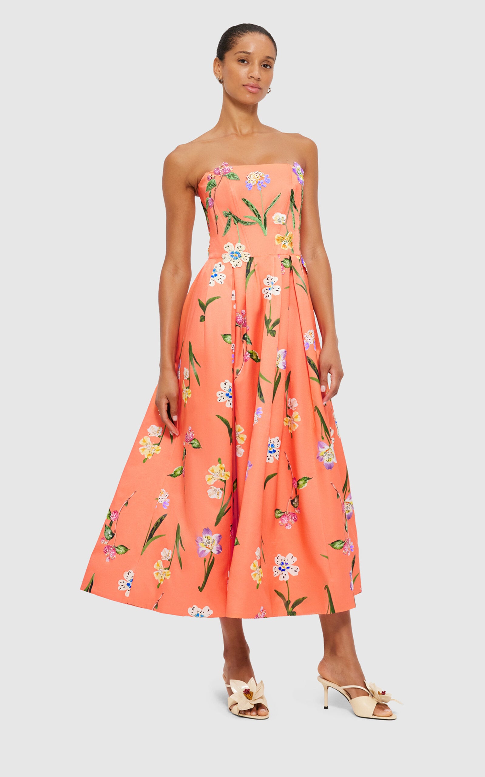 Lynn Bustier Midi Dress - Wild Flower In Coral