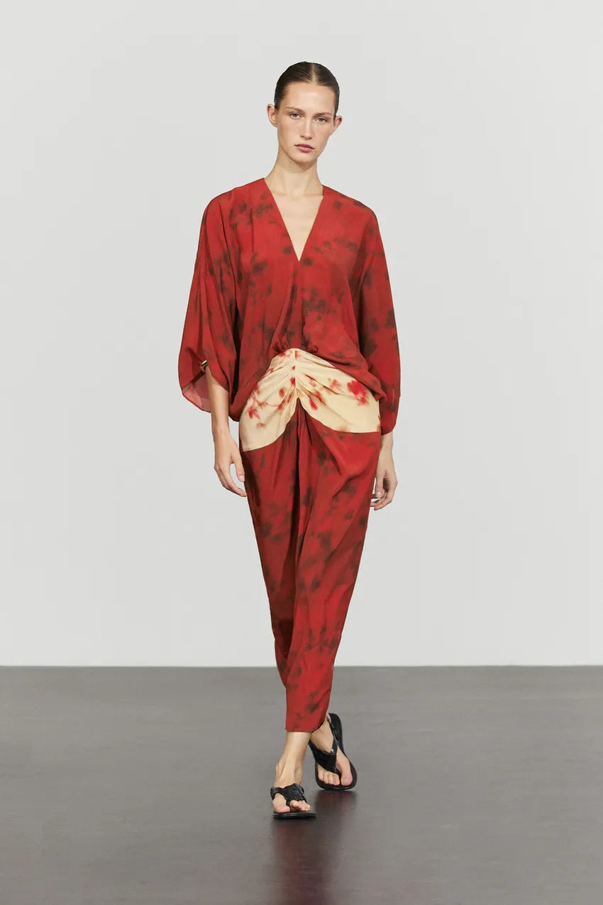 Printed flowing dress with sash detail