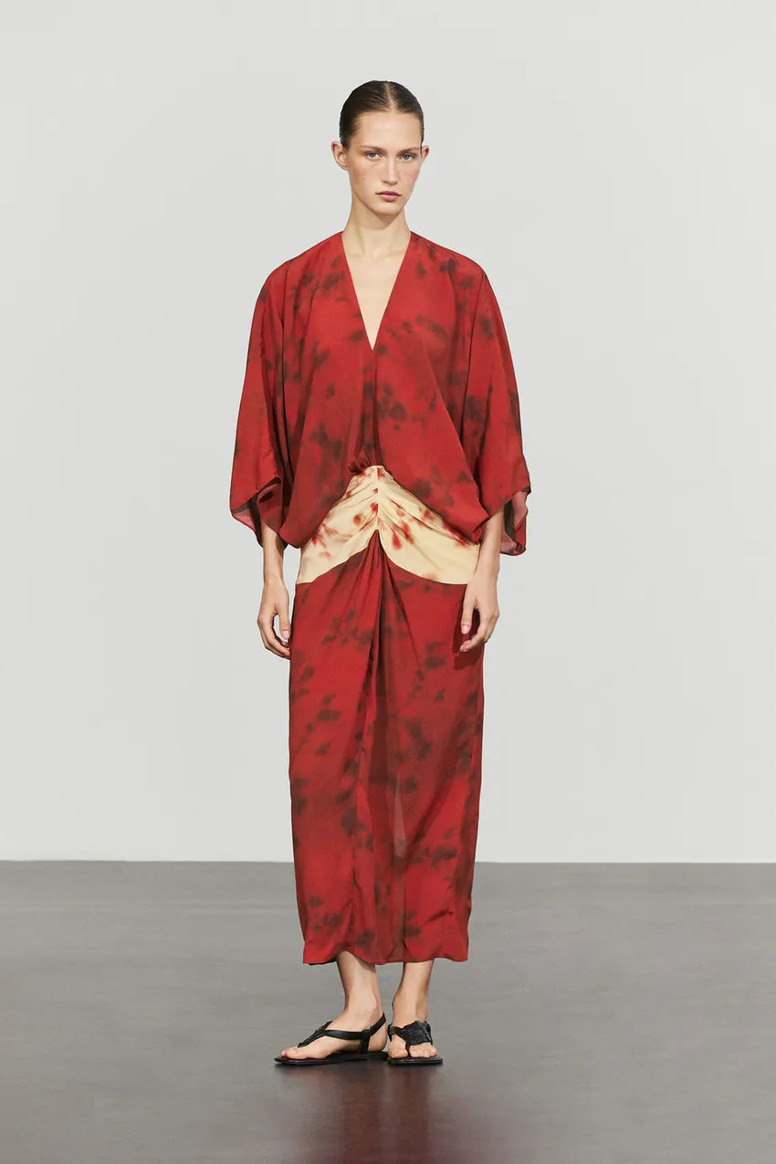 Printed flowing dress with sash detail