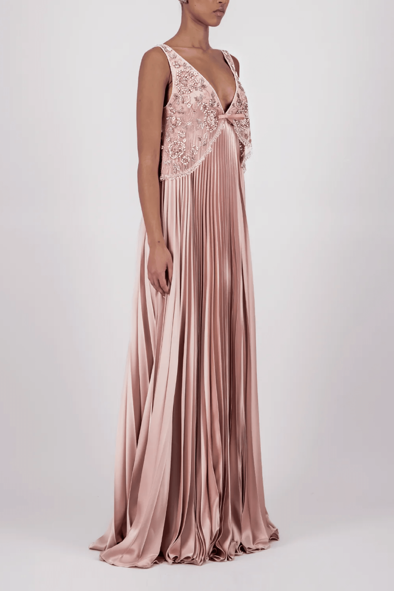 Pleated Embellished Long Dress