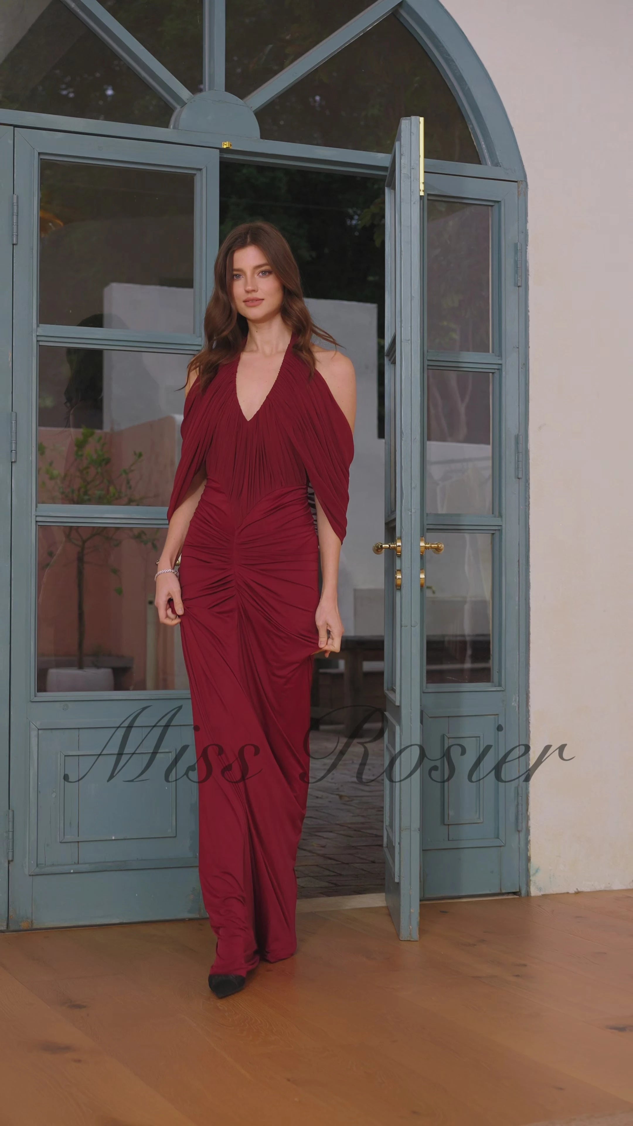 Eléa Red Cold Shoulder Draped Maxi Dress