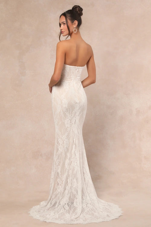 Valeria White Lace Strapless Bustier Maxi Dress