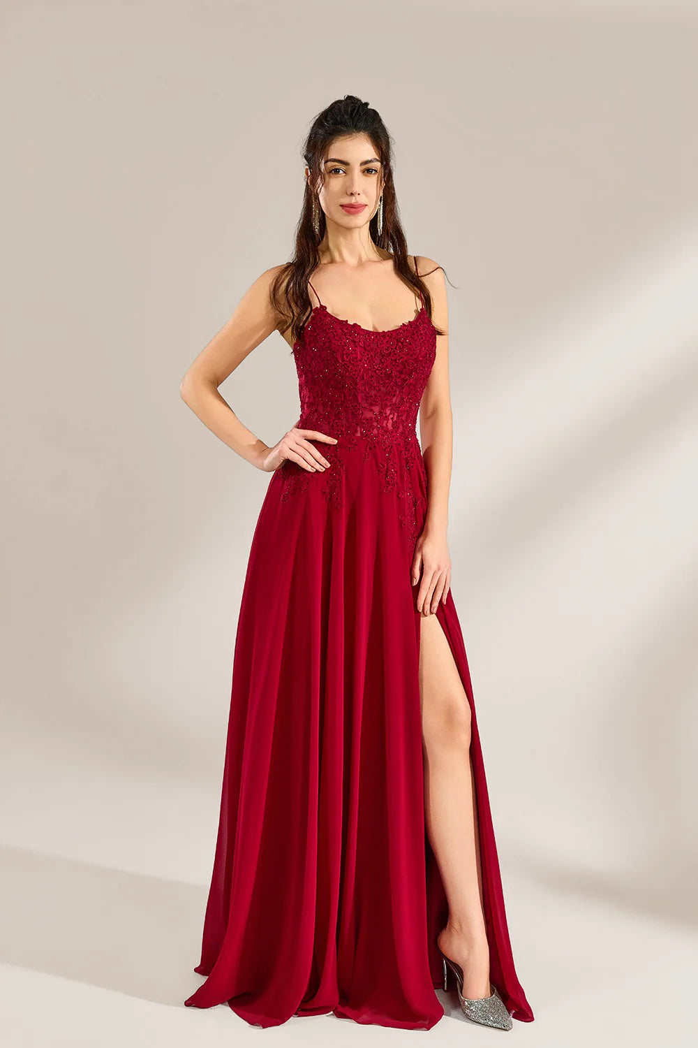 Custom Romantic Spaghetti Strap Lace Chiffon Gown
