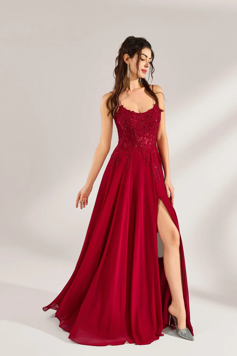 Custom Romantic Spaghetti Strap Lace Chiffon Gown