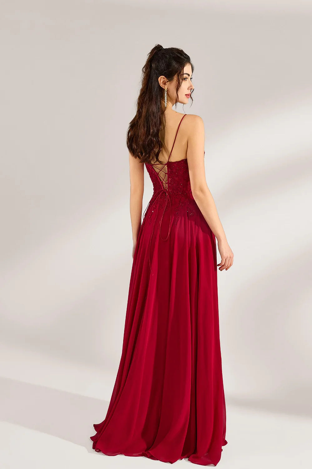 Custom Romantic Spaghetti Strap Lace Chiffon Gown