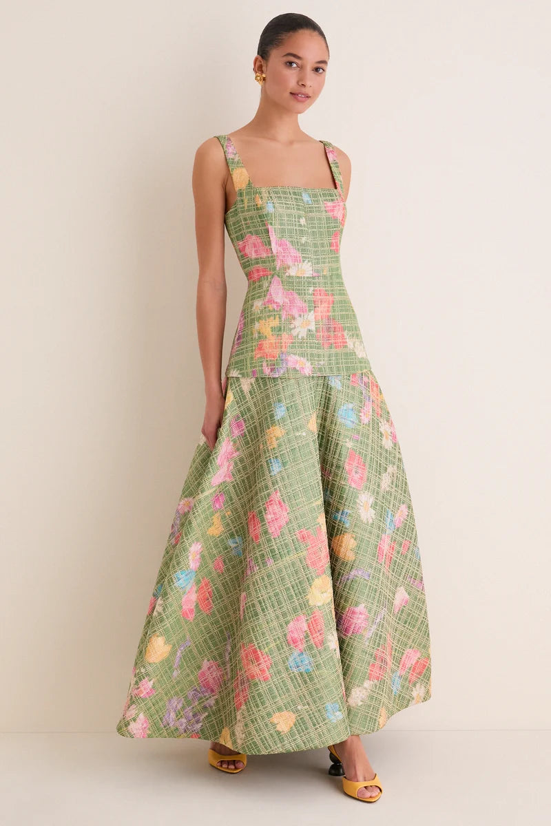 Cactus Multi Floral Raffia Poplin Square Neck Dress