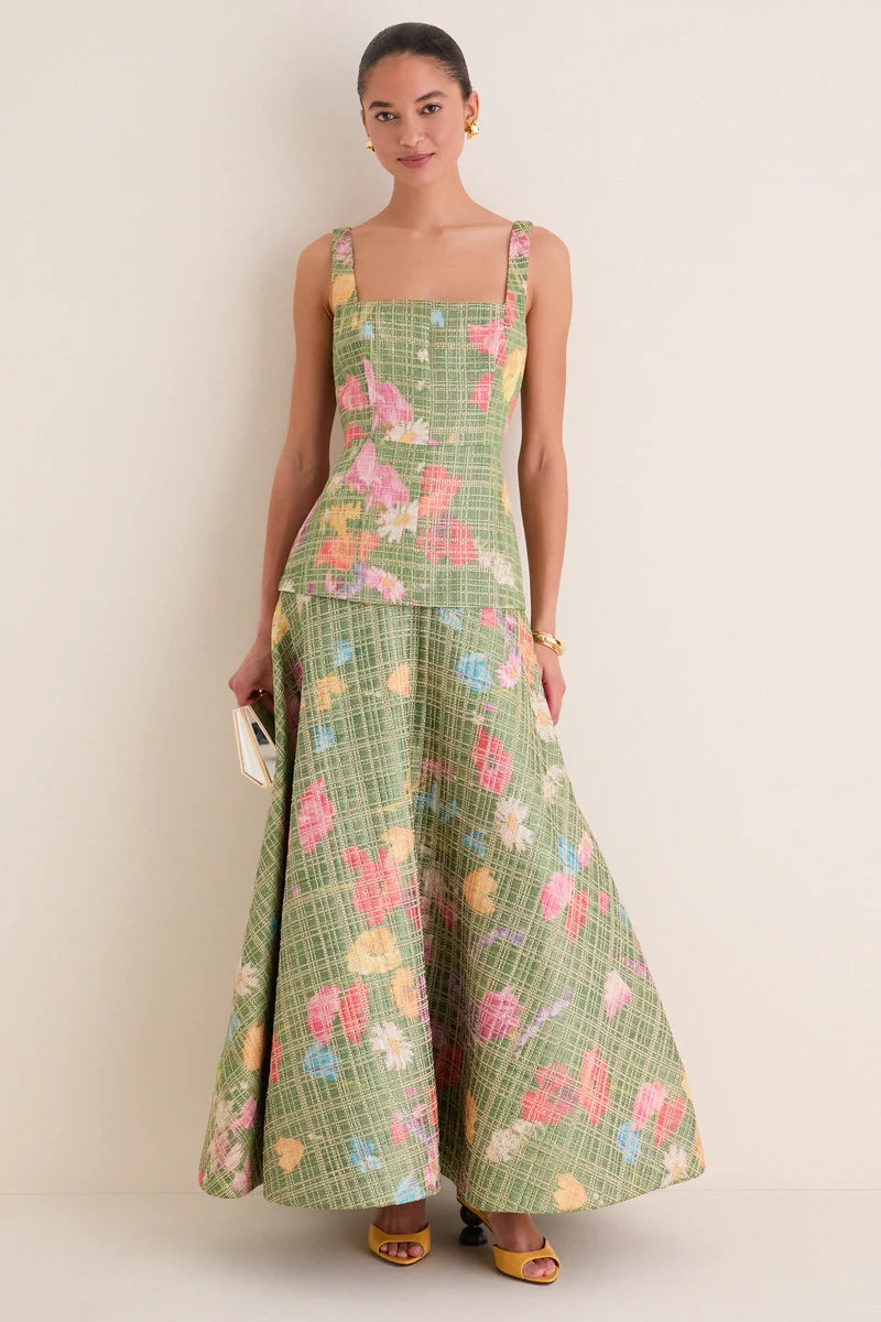 Cactus Multi Floral Raffia Poplin Square Neck Dress