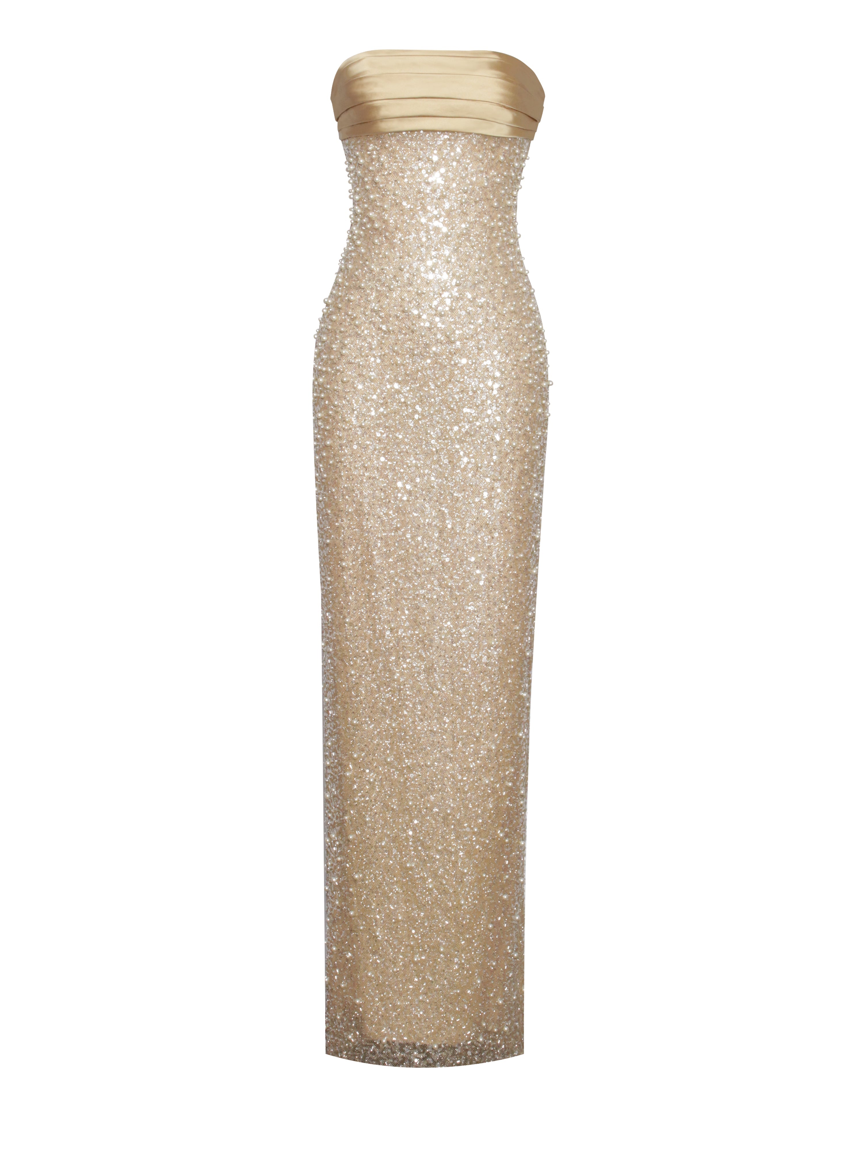 Lainey Golden satin sequin pearl beaded long dress