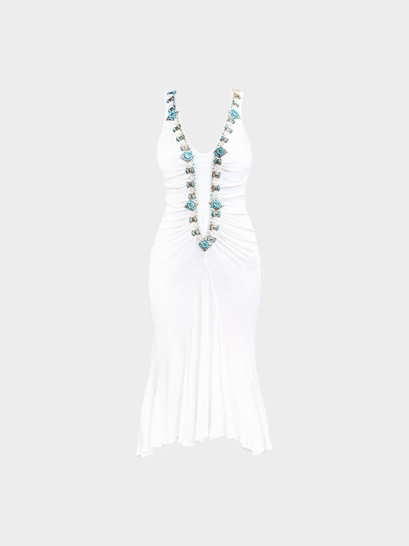 Roberto Cavalli 2000s White and Blue Beaded Embellished Long Dress