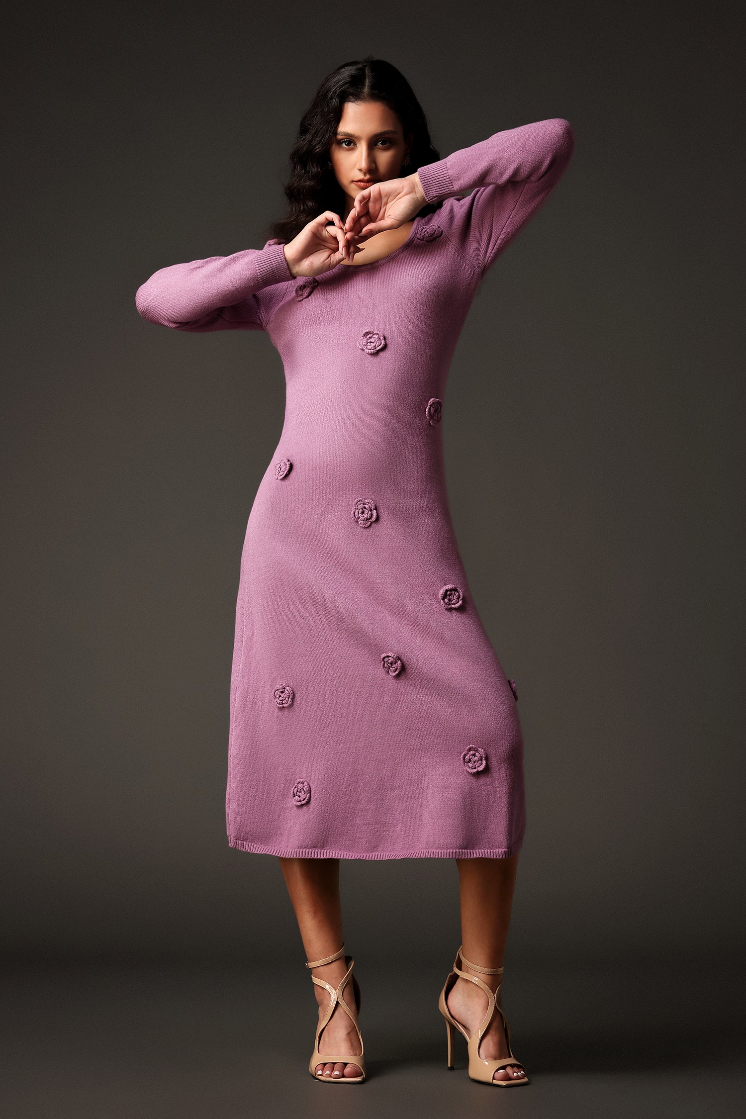 Vole Round Neck Puff Sleeves Flowers Maxi Dress