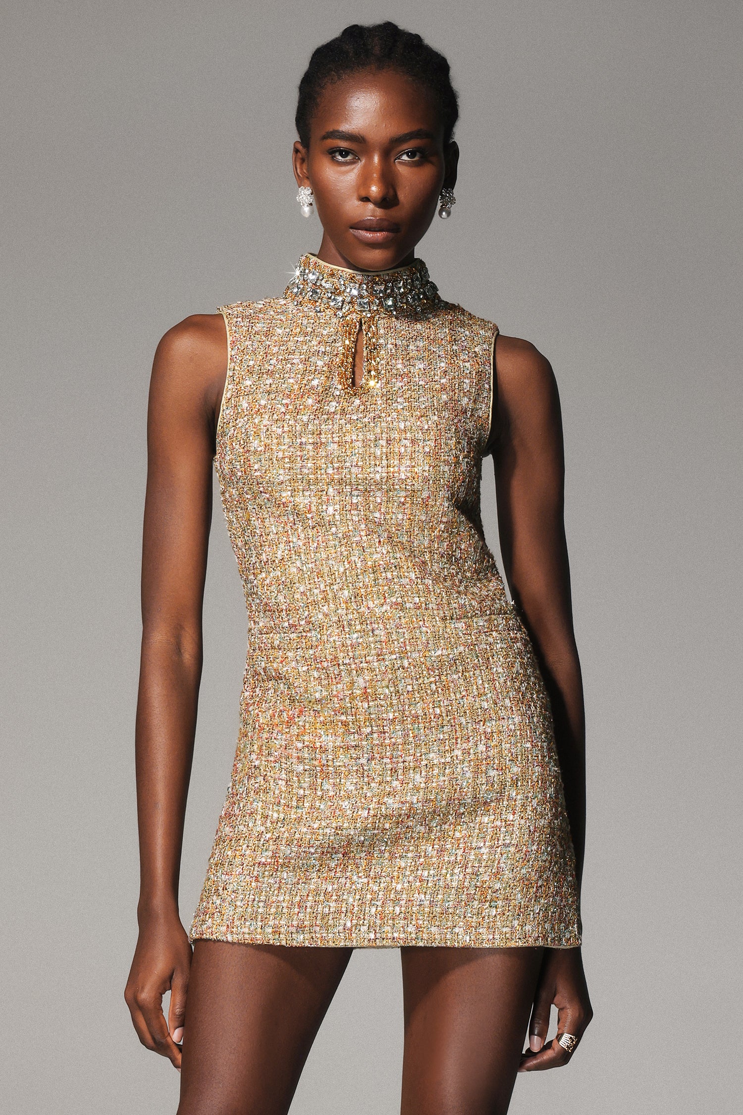 Jillian Diamond Mid-Neck Sleeveless Tweed Mini Dress