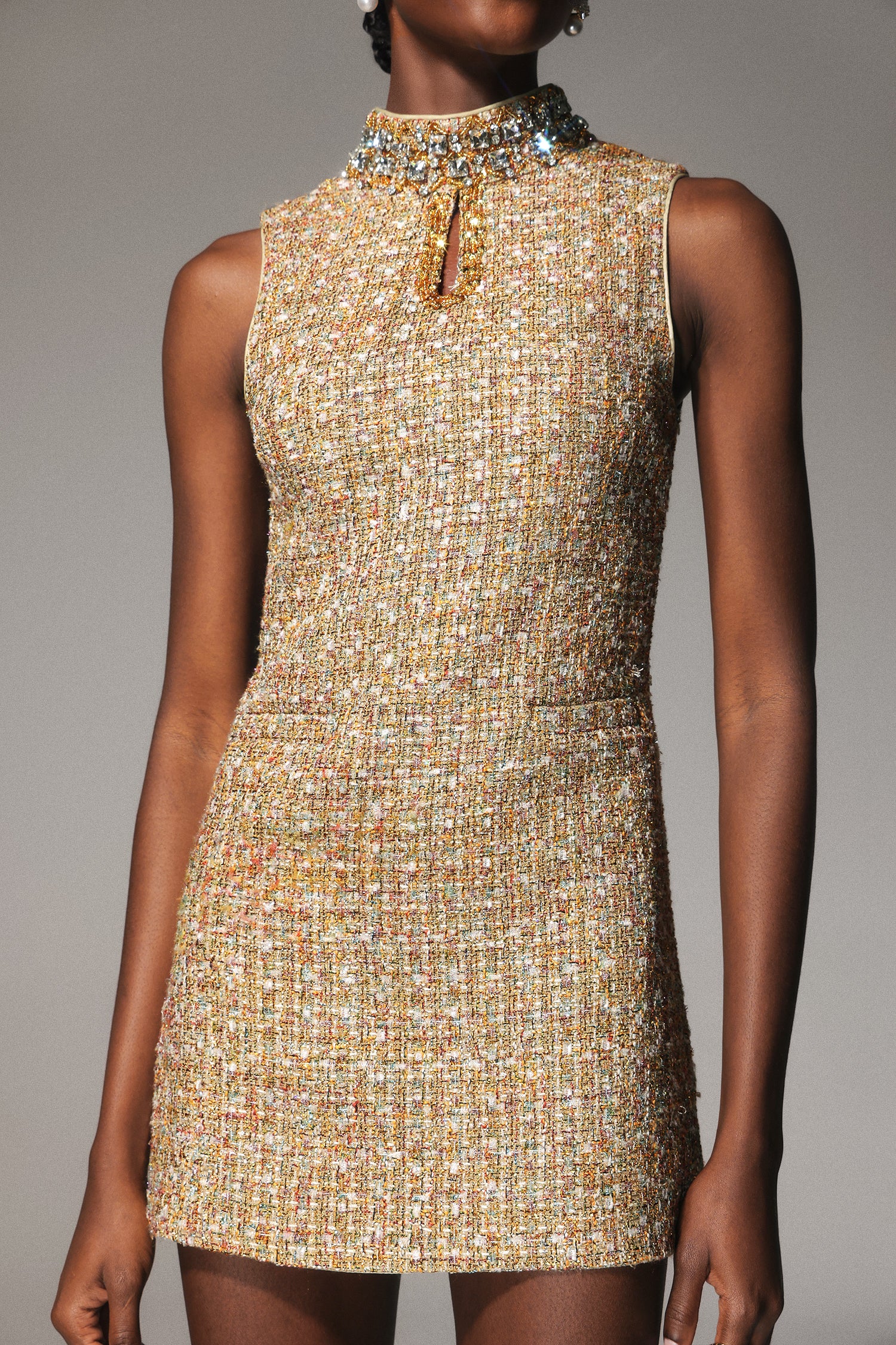 Jillian Diamond Mid-Neck Sleeveless Tweed Mini Dress