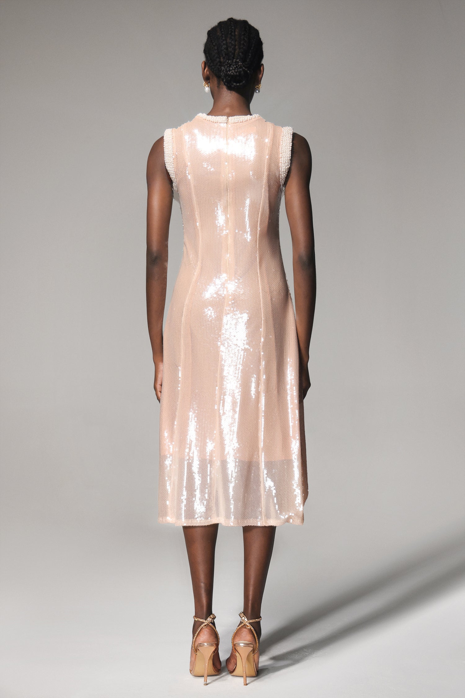 Ksenia Round Neck Pearl Sleeveless Sequin Midi Dress