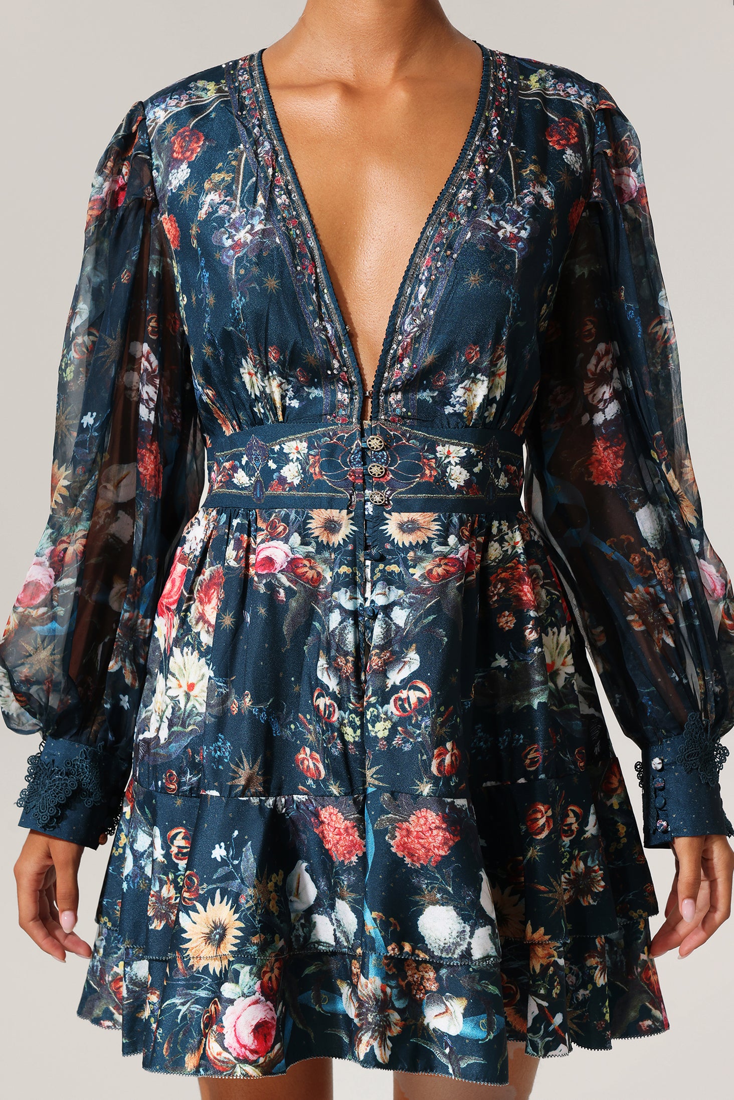 Lina V-Neck Floral Printed Long Sleeves Mini Dress