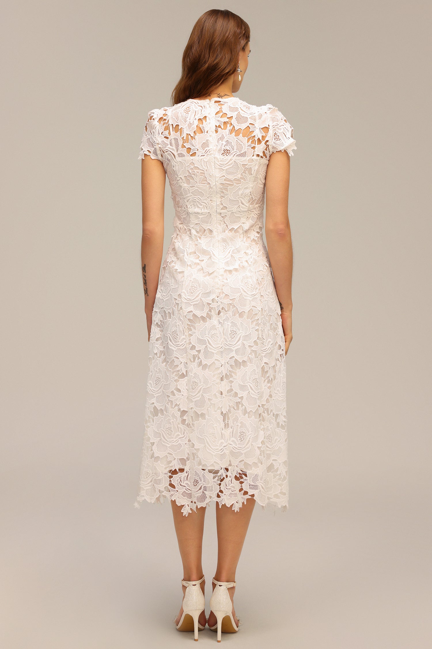 Jenna Short Sleeve Lace Hollow Out Embroidery Flower Midi Dress