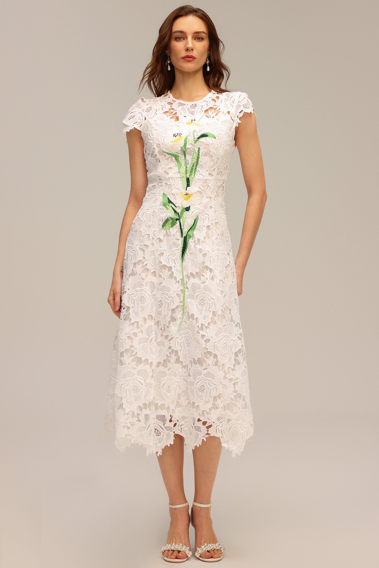 Jenna Short Sleeve Lace Hollow Out Embroidery Flower Midi Dress