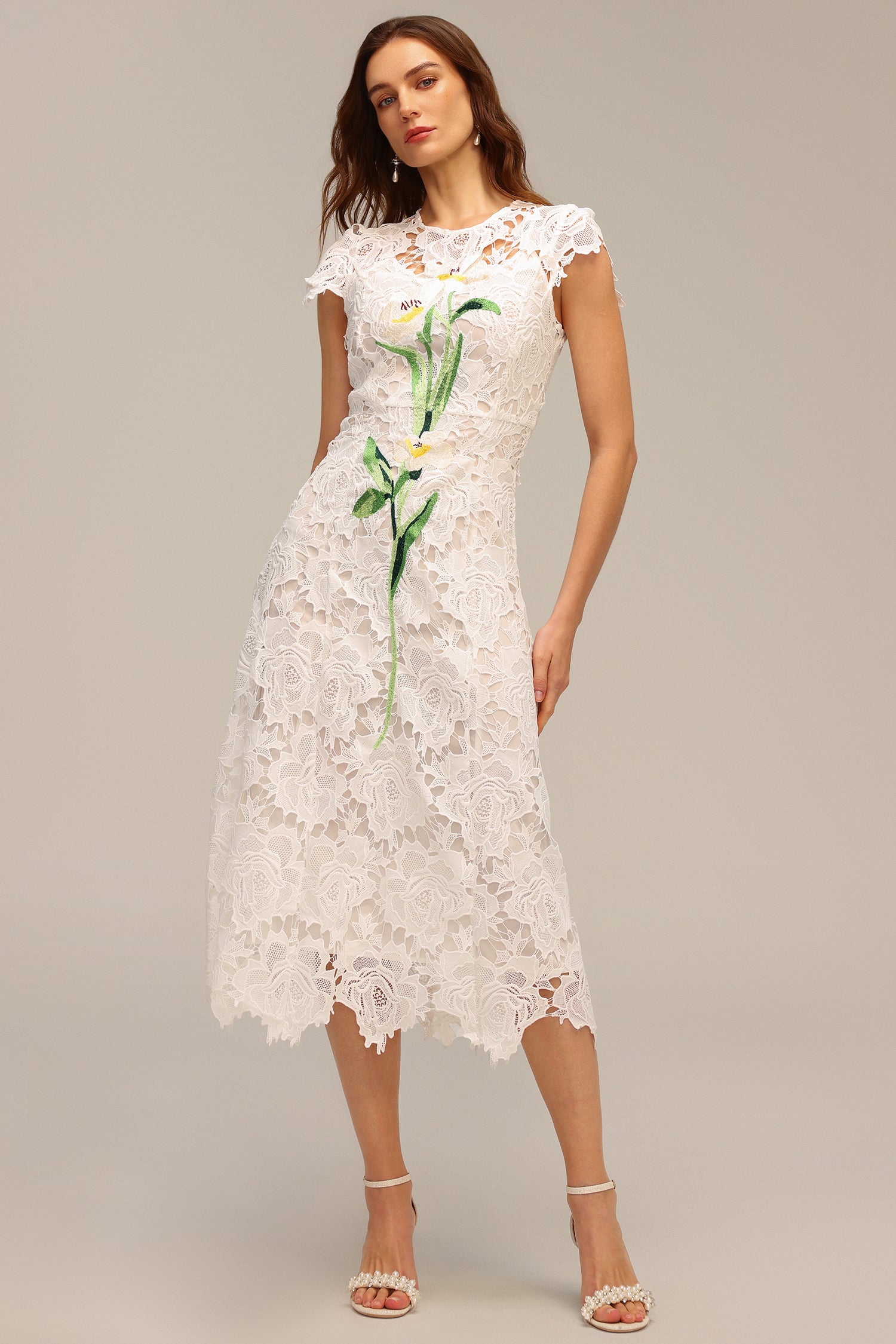 Jenna Short Sleeve Lace Hollow Out Embroidery Flower Midi Dress