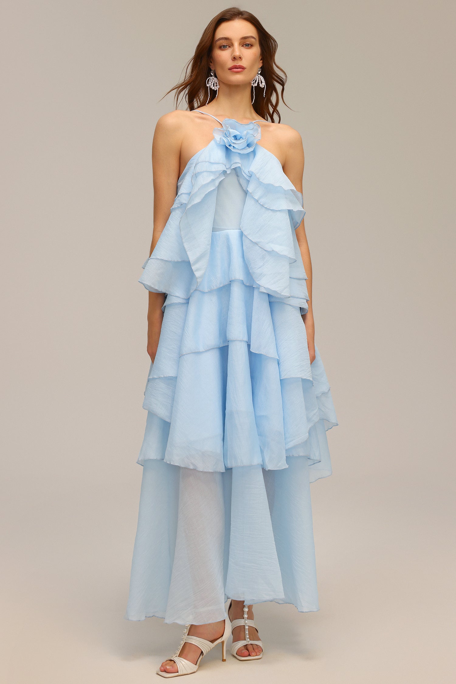 Shirley Sleeveless Flower Folds Maxi Dress