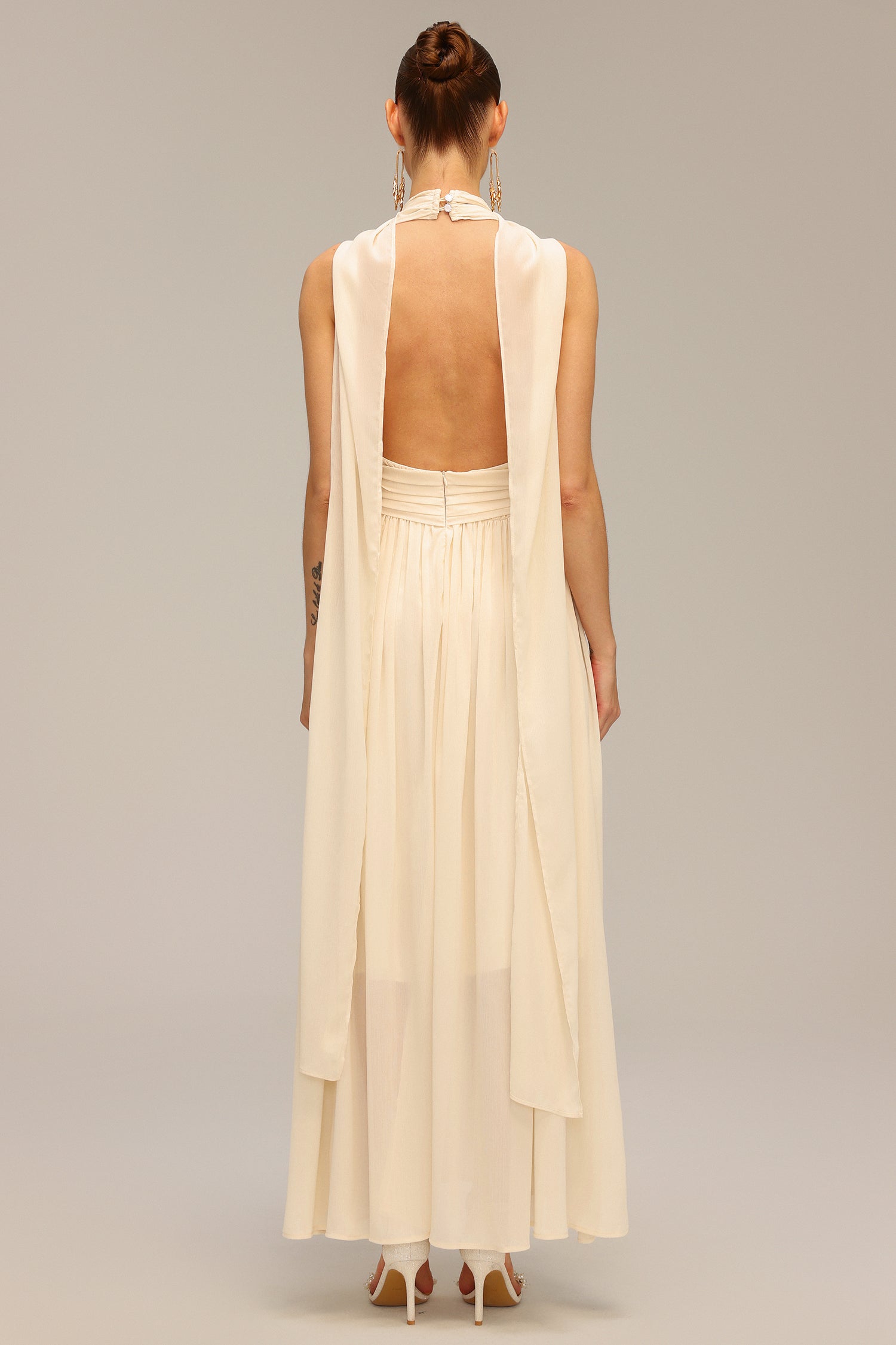 Harper Backless Sleeveless Folds Streamer Maxi Dress