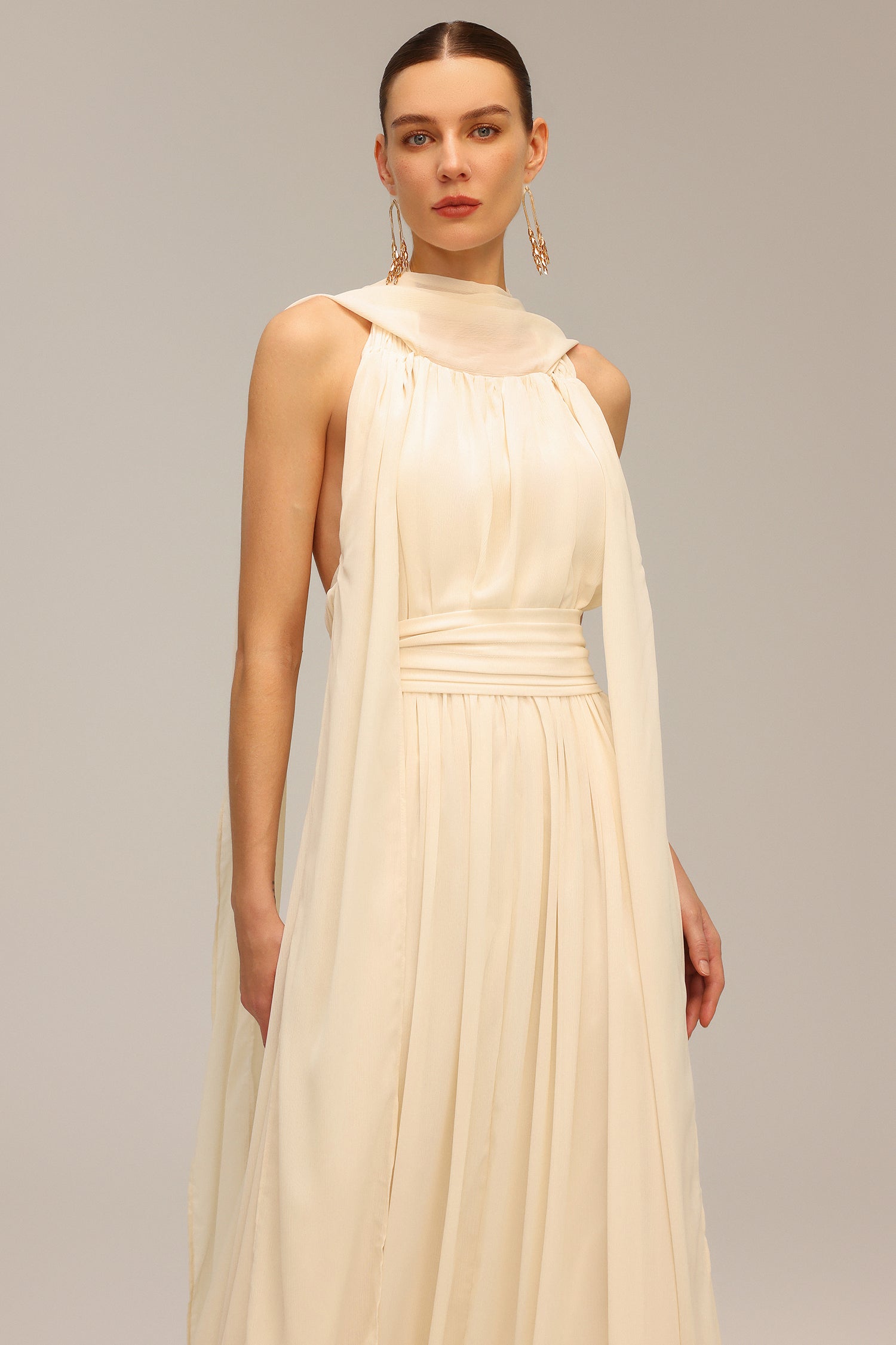 Harper Backless Sleeveless Folds Streamer Maxi Dress