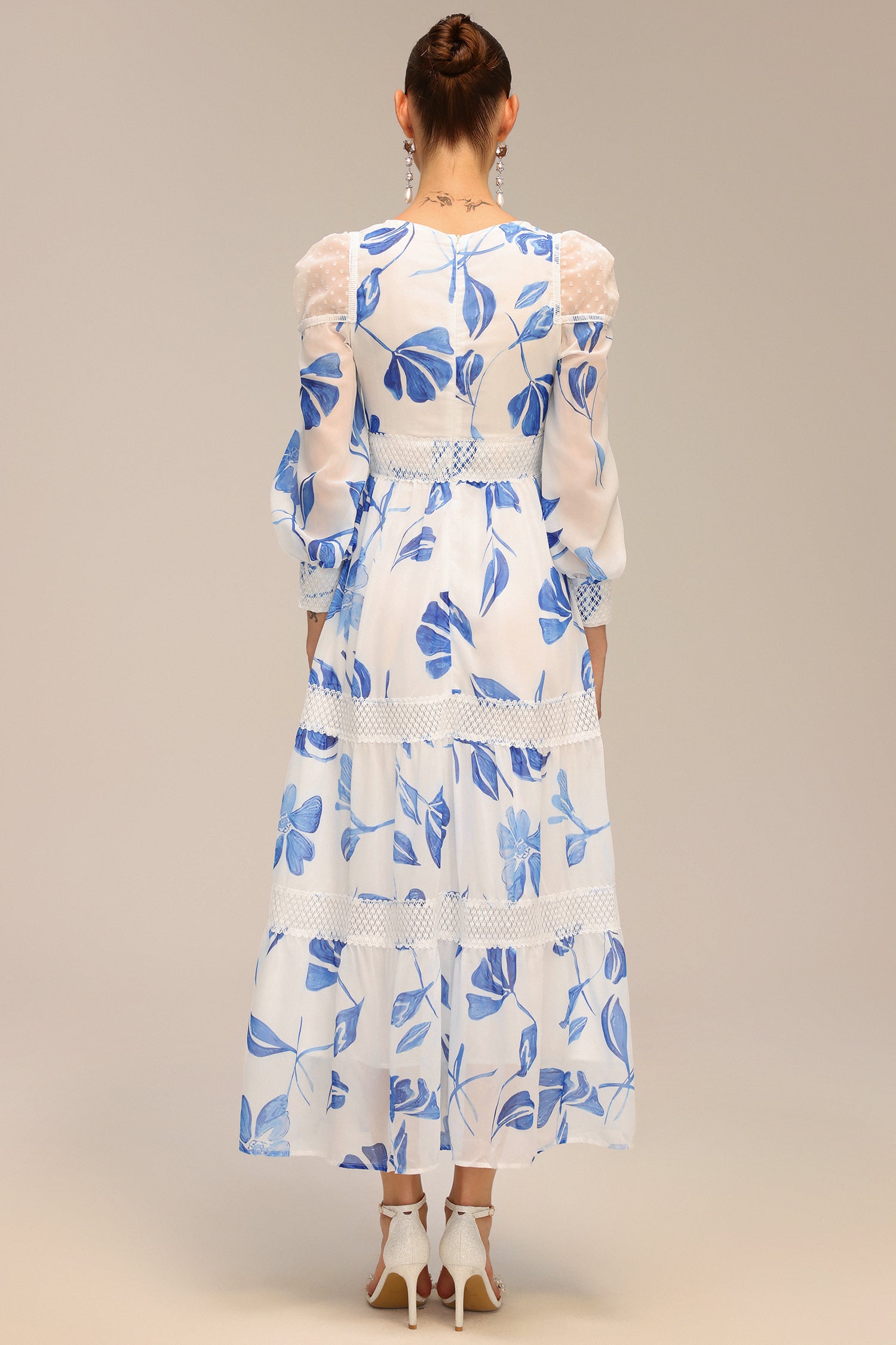 Mitra Long Sleeve Floral Printed Hollow Out Maxi Dress