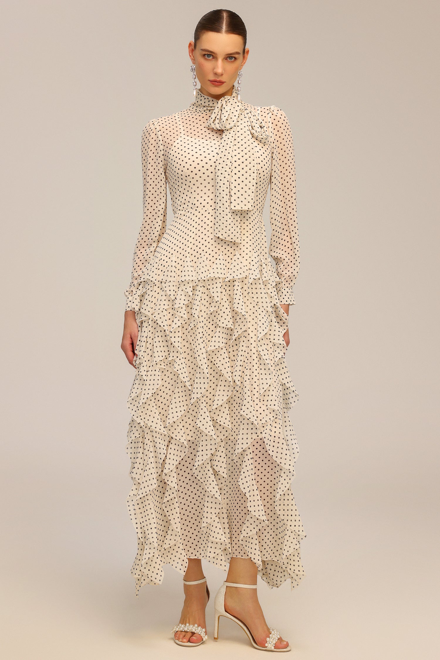 Elaia Dot Printed Long Sleeve Folds Maxi Dress