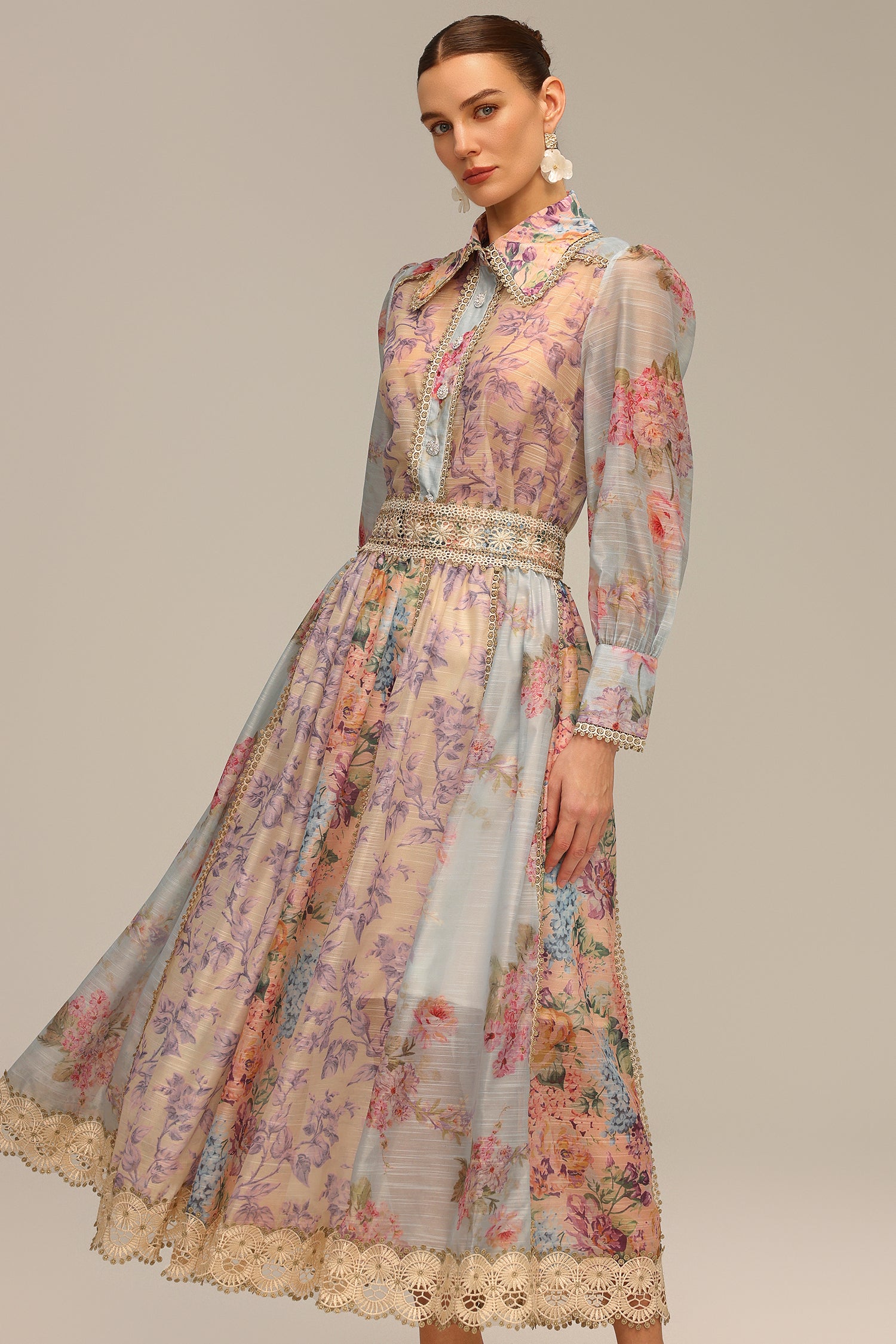 Ruby Long Sleeve Floral Printed Lace Top And Skirt Two-Piece Set