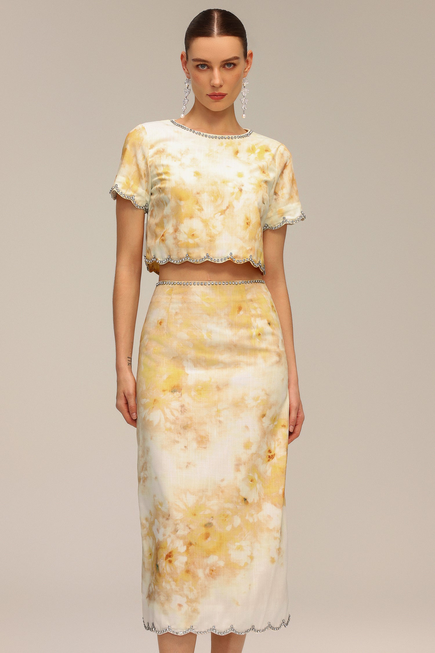 Ymire Diamond Floral Printed Short Sleeve Top And Skirt Two-Piece Set