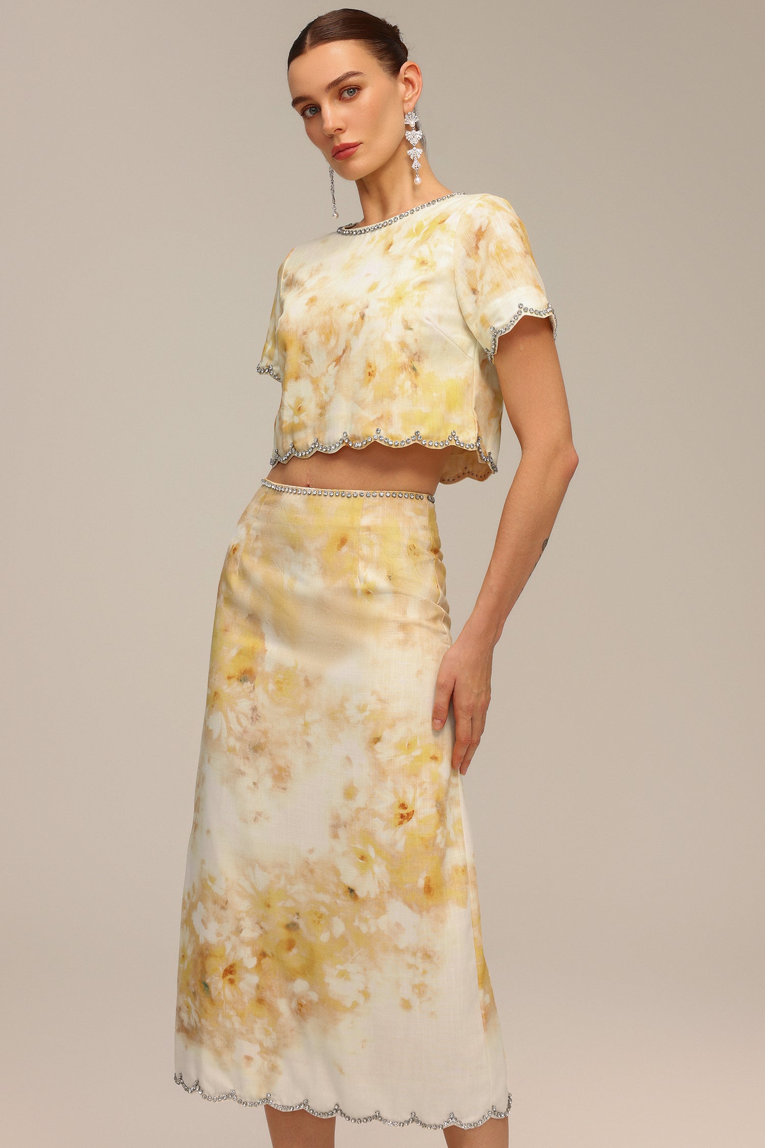 Ymire Diamond Floral Printed Short Sleeve Top And Skirt Two-Piece Set
