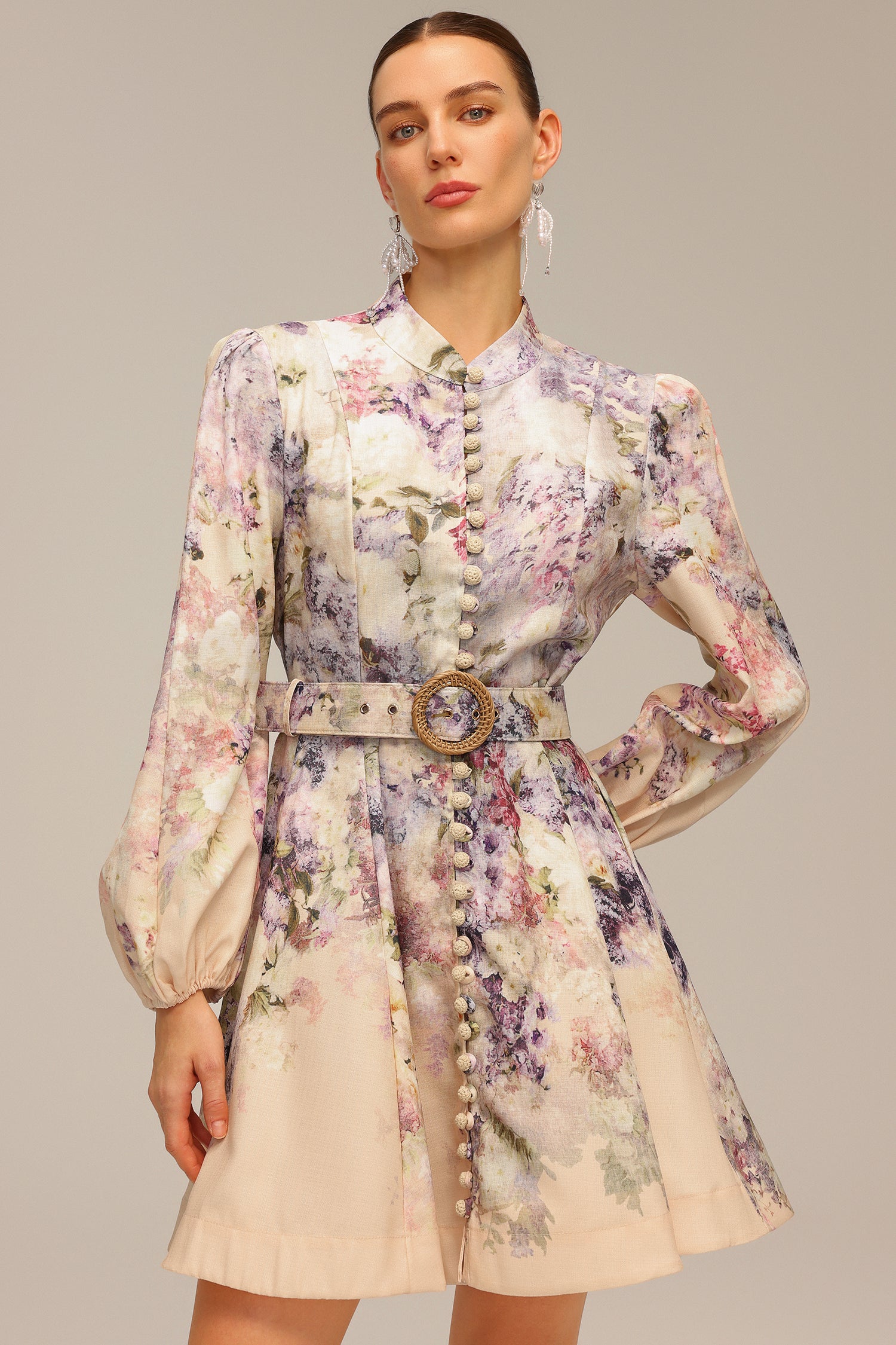 Patti Long Sleeve Floral Printed Mini Dress	
