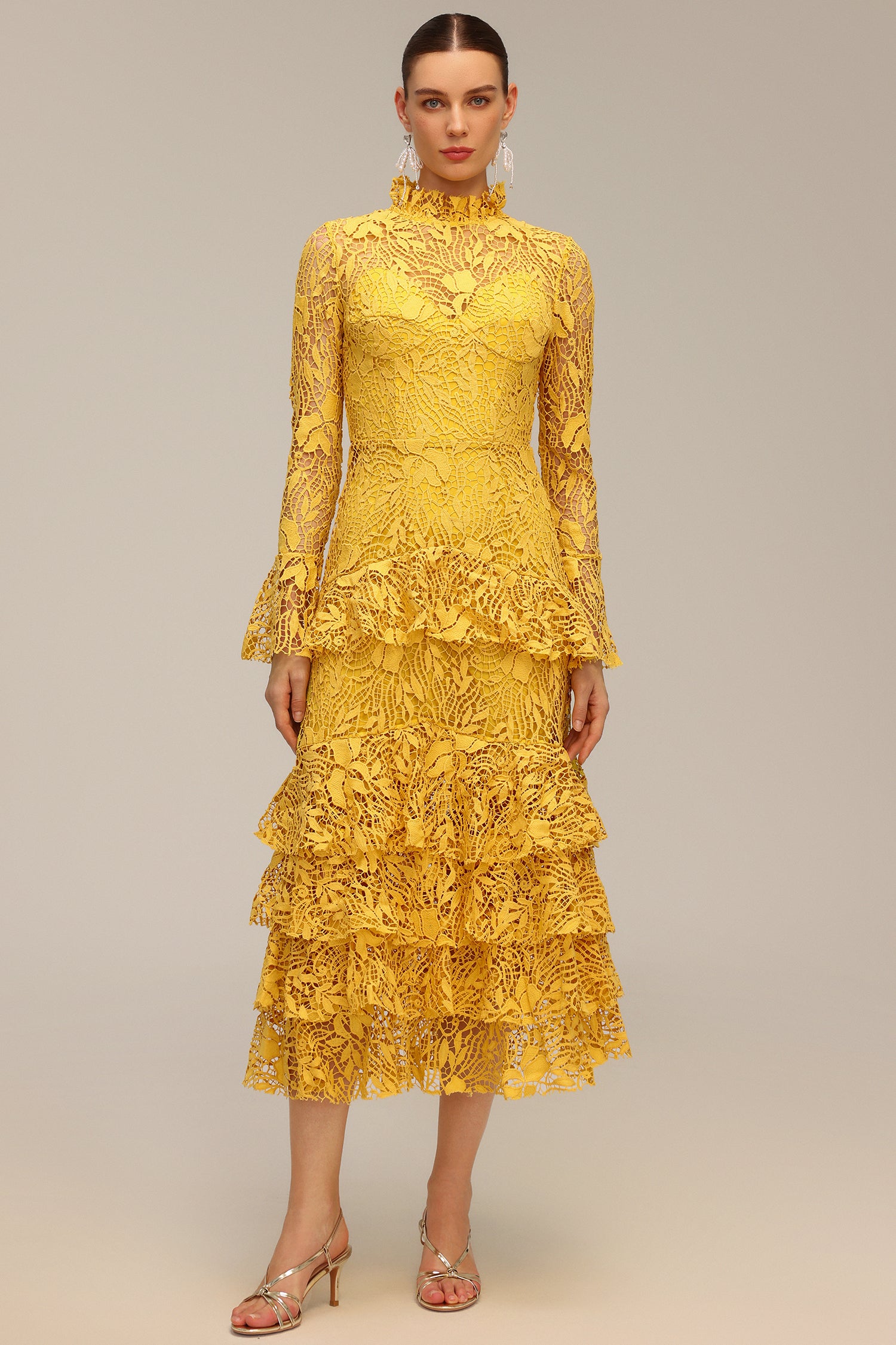 Miranda Long Sleeve Folds Lace Hollow Out Maxi Dress