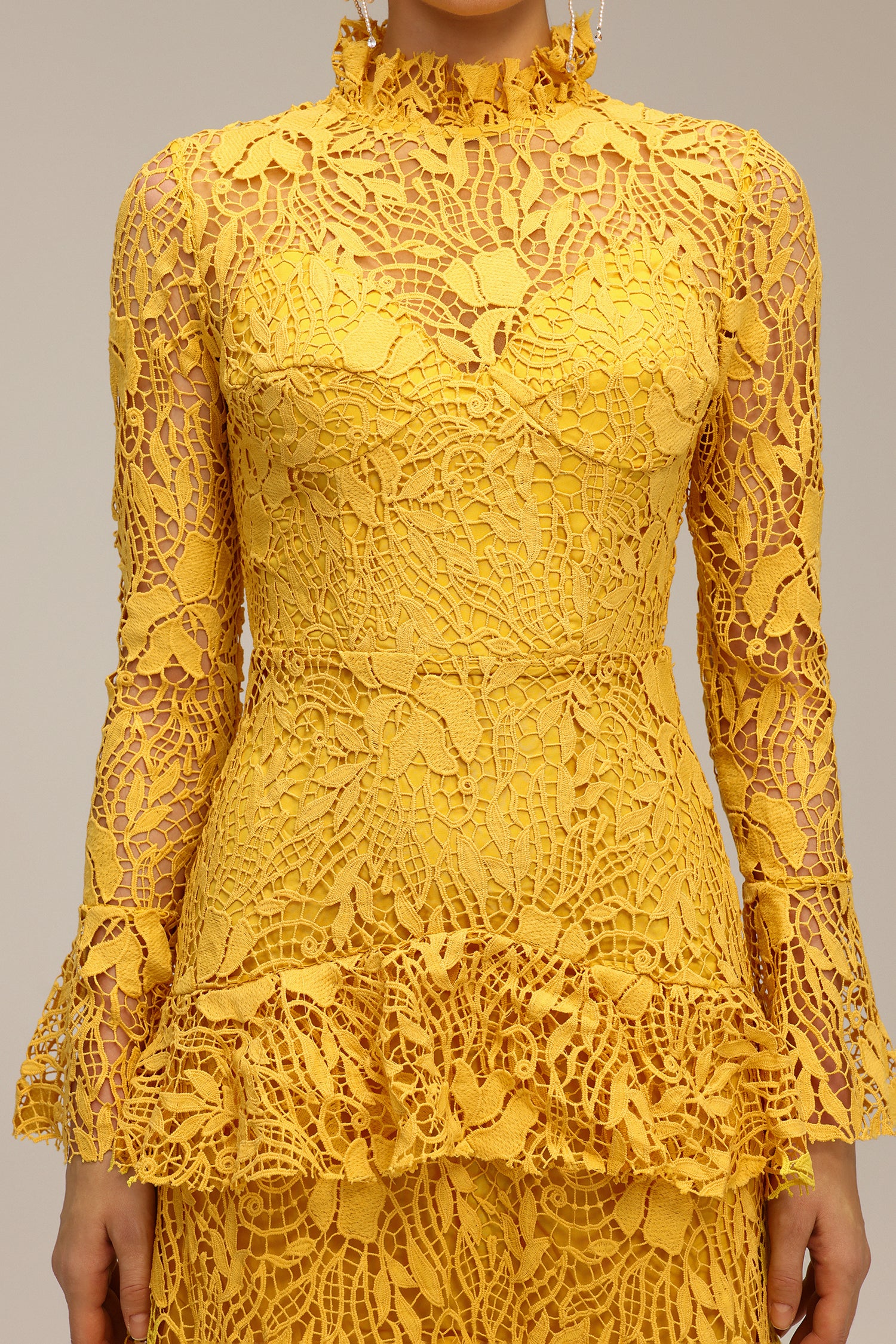 Miranda Long Sleeve Folds Lace Hollow Out Maxi Dress