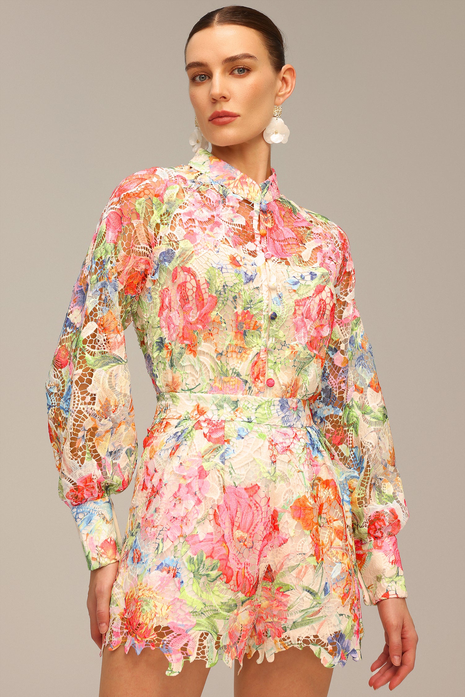 Penpe Long Sleeve Floral Printed Lace Top And Shorts Two-Piece Set