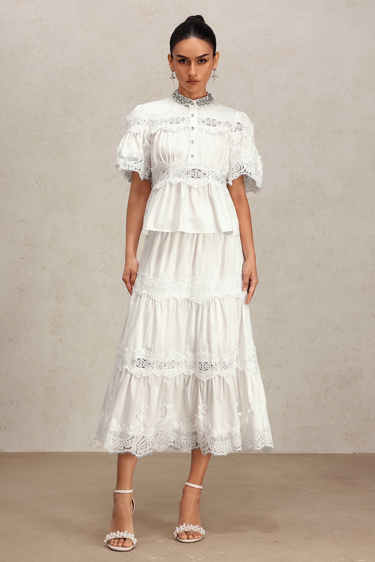 Salla Short Sleeve Lace Diamond Two-Piece Set