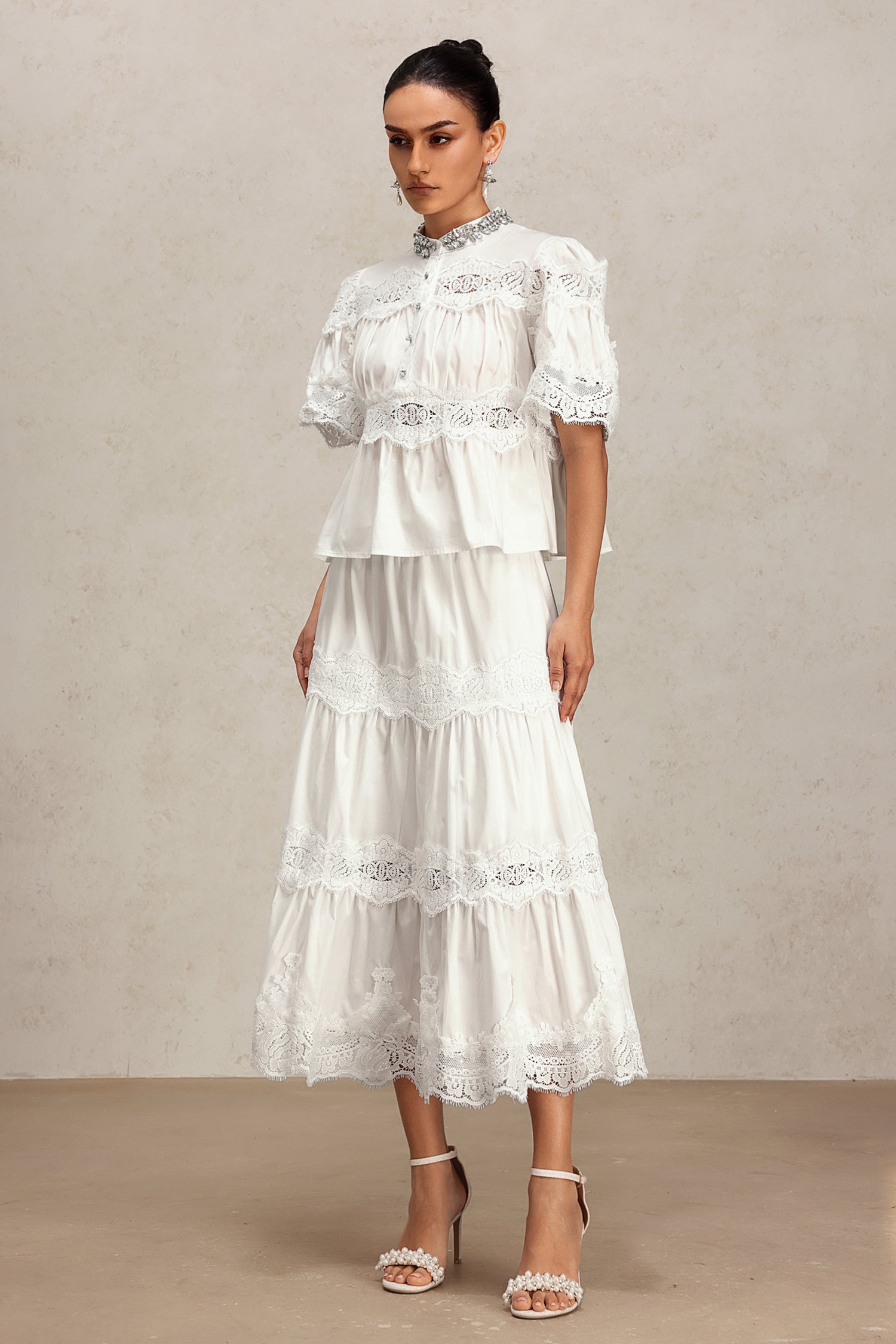 Salla Short Sleeve Lace Diamond Two-Piece Set