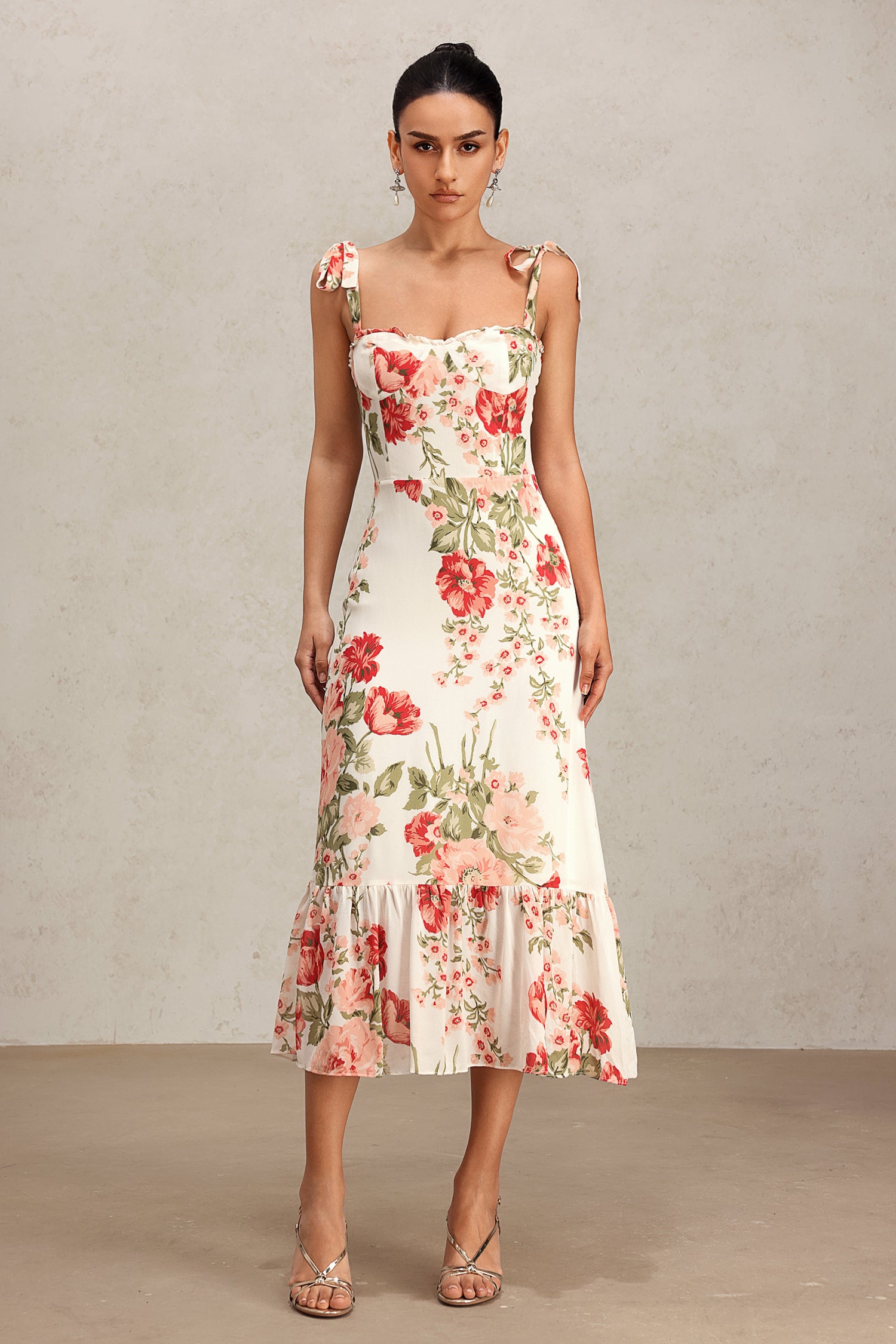 Fanya Bowknot Halter Floral Printed Midi Dress